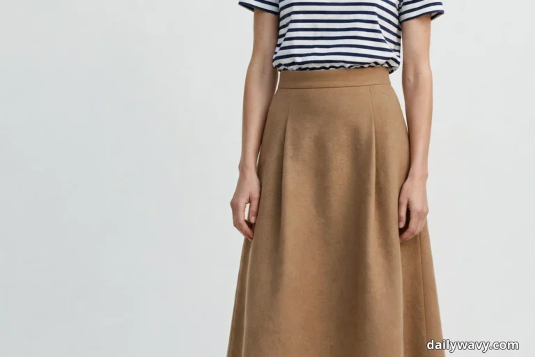A woman stands at the right of a plain light background in a frame cropped at the shoulders and at the skirt hem, wearing a navy and white striped tee tucked into a long camel A-line skirt