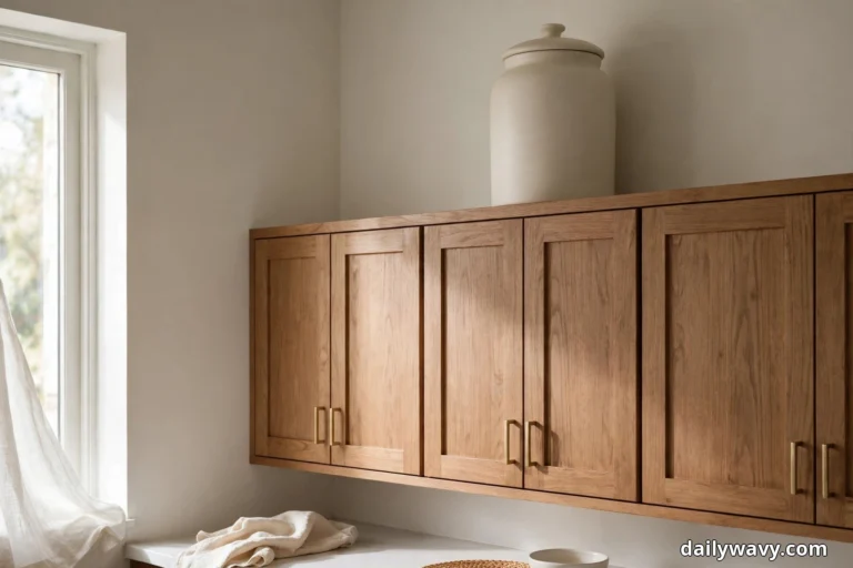 A wide view shows light oak kitchen cabinets with brass bar pulls and one large cream lidded canister standing on top beside a tall window with a sheer curtain