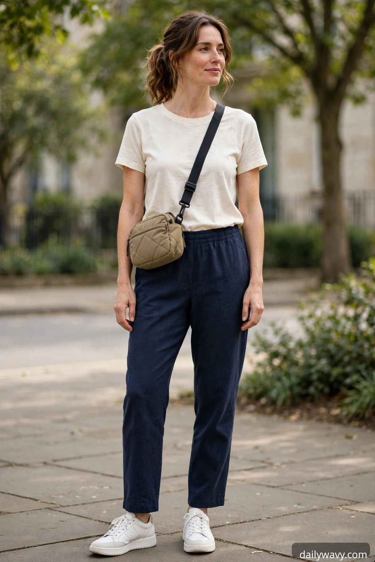 Soft navy trousers with a breathable cream top and white sneakers