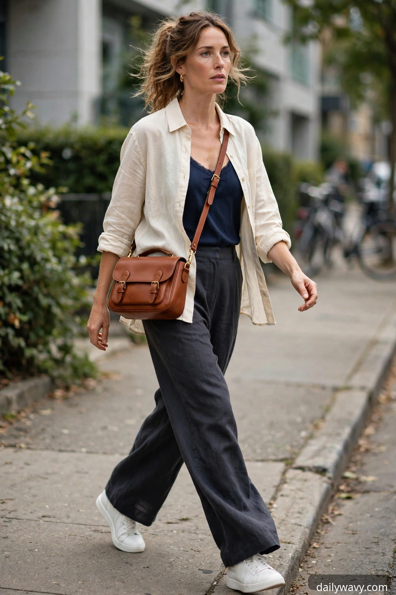 Relaxed cream shirt with charcoal wide-leg trousers walking outdoors