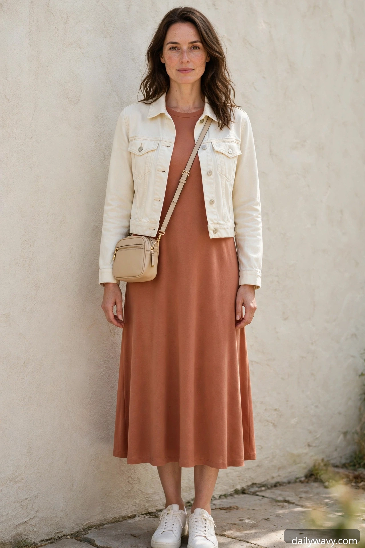 Terracotta jersey midi dress with a cropped cream denim jacket
