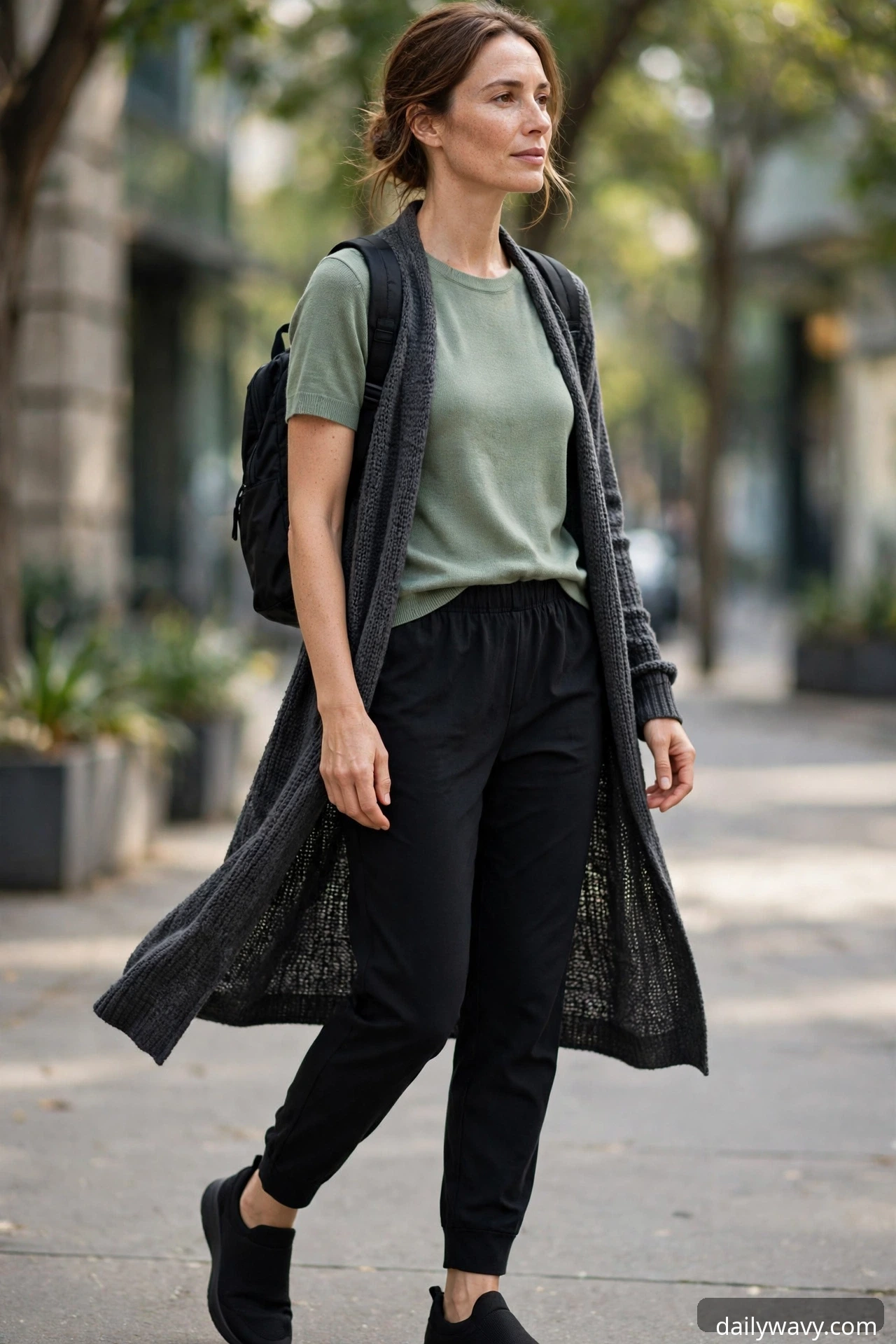 Sage knit top with black tapered trousers and slip-on sneakers
