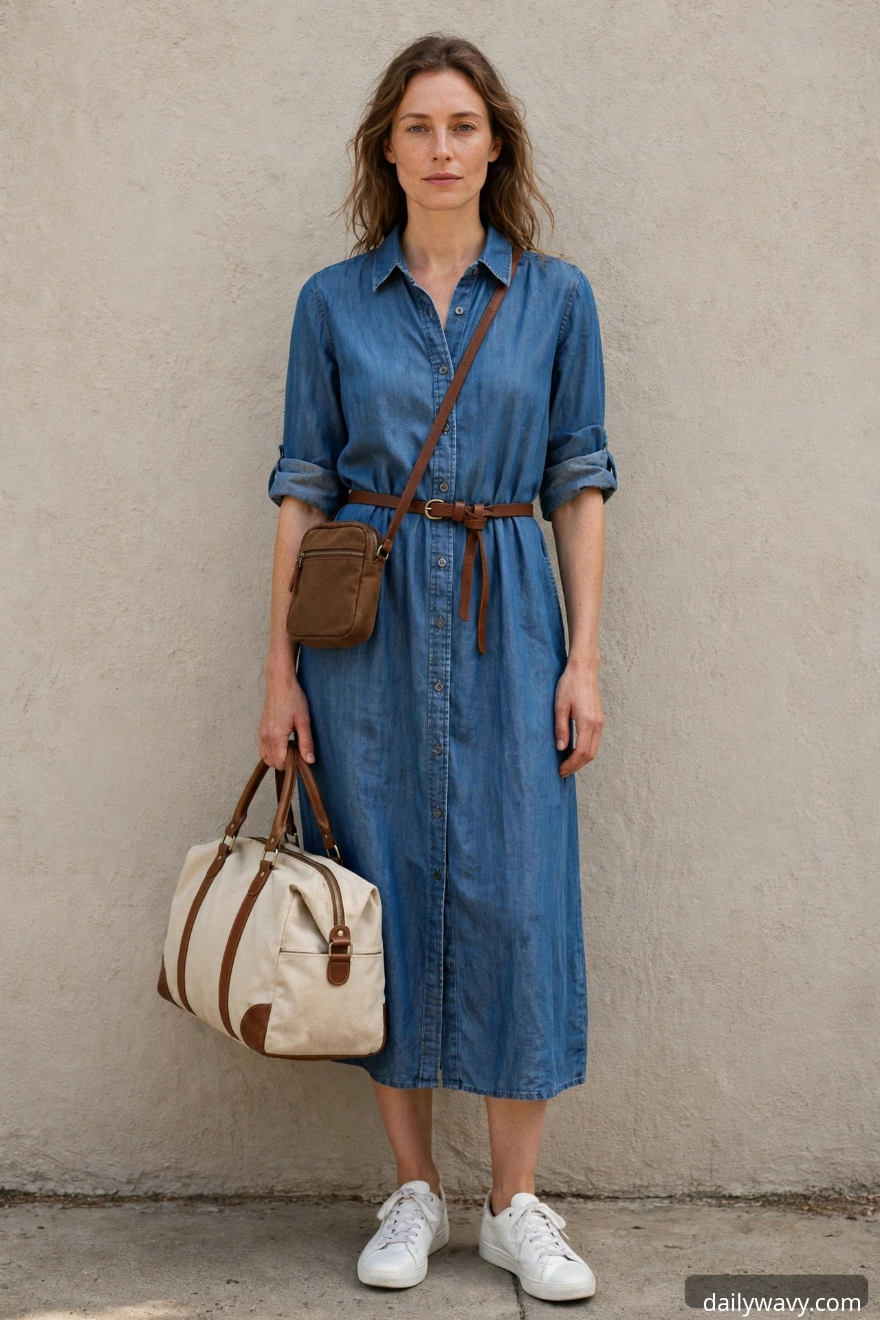 Chambray shirt dress with tie waist and a practical canvas bag