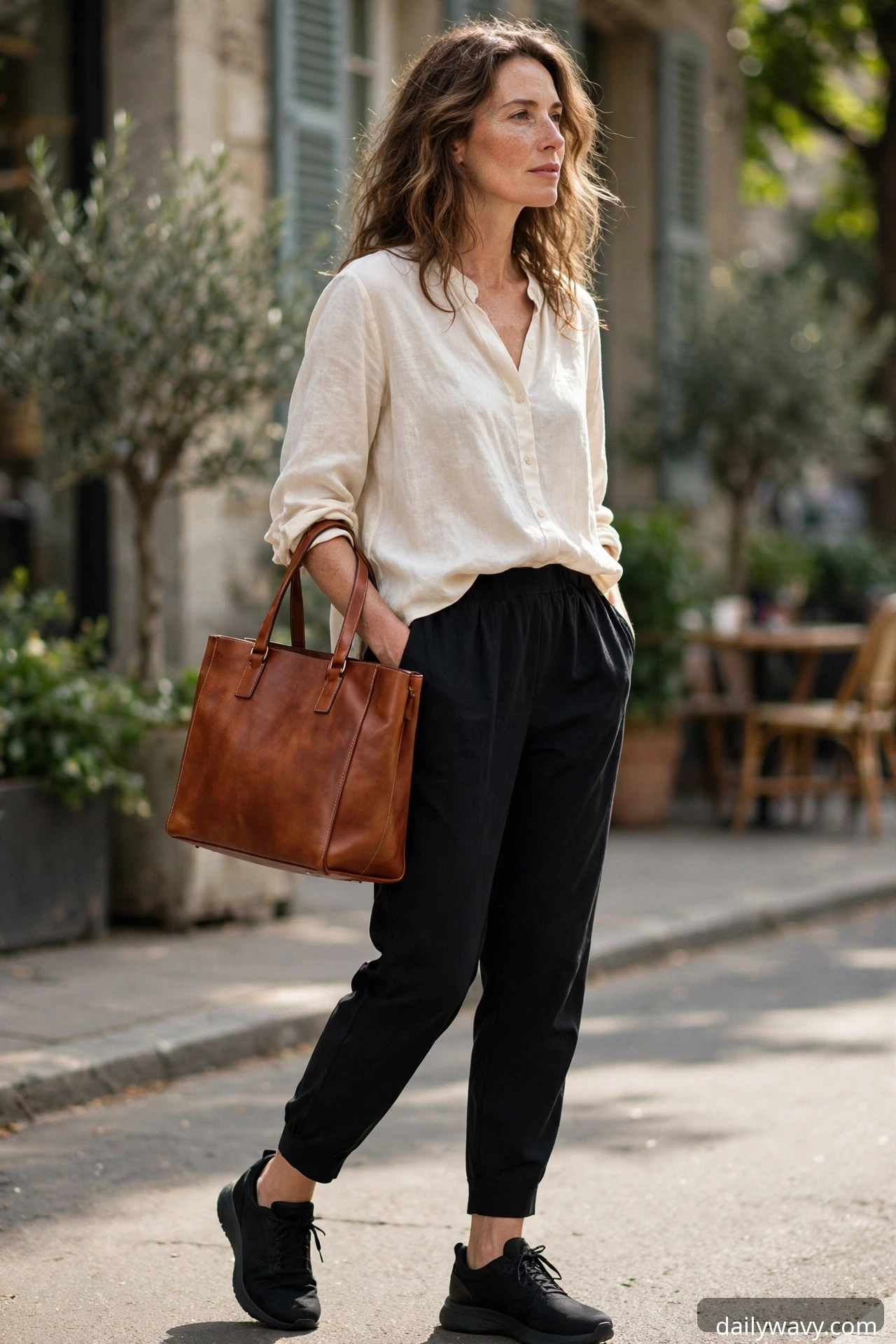 Cream plain blouse with black tapered pull-on trousers