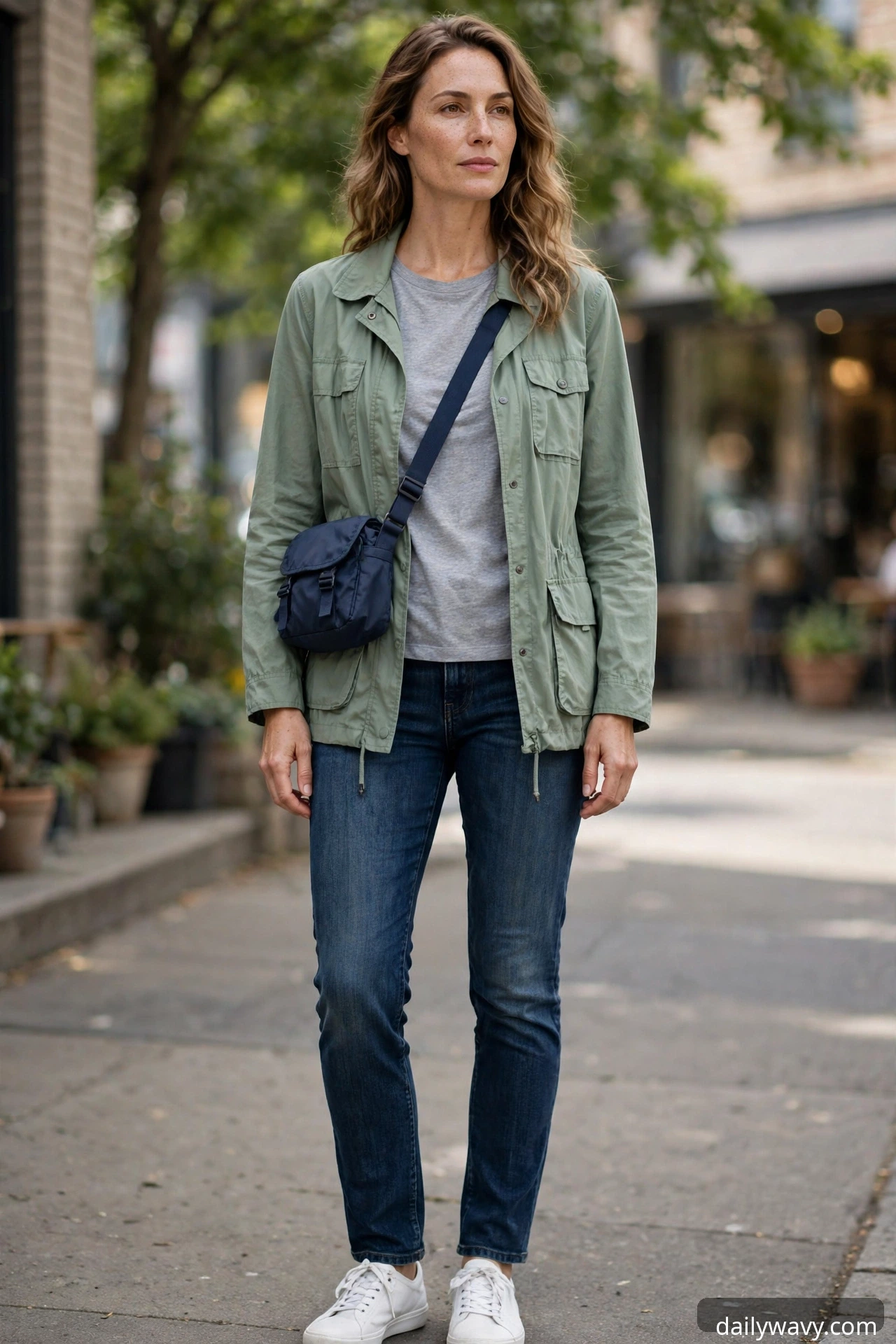 Heather gray tee with a sage utility jacket and dark jeans