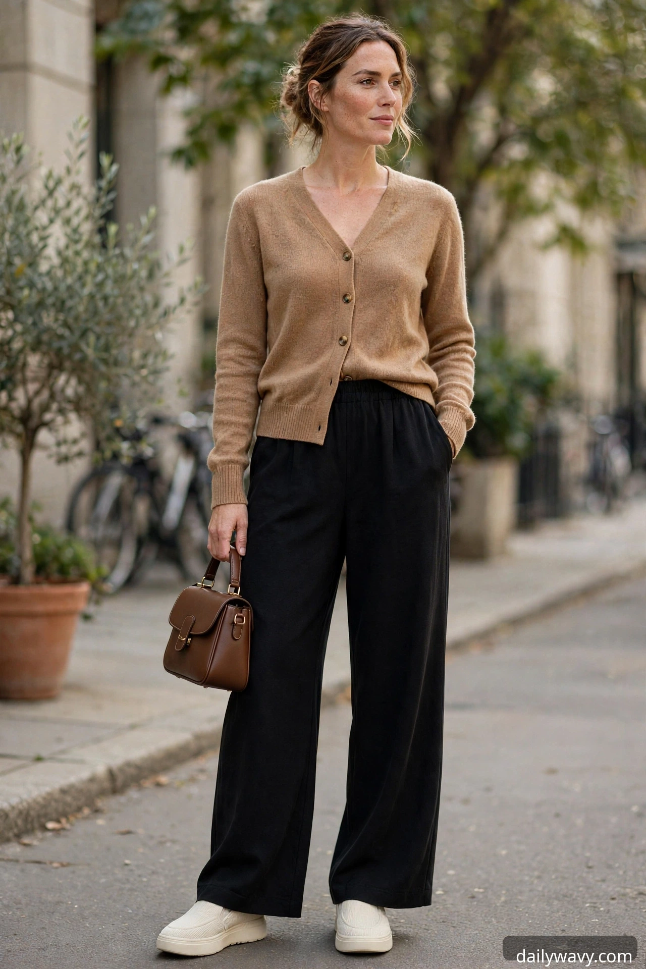 Camel buttoned cardigan with black wide-leg trousers