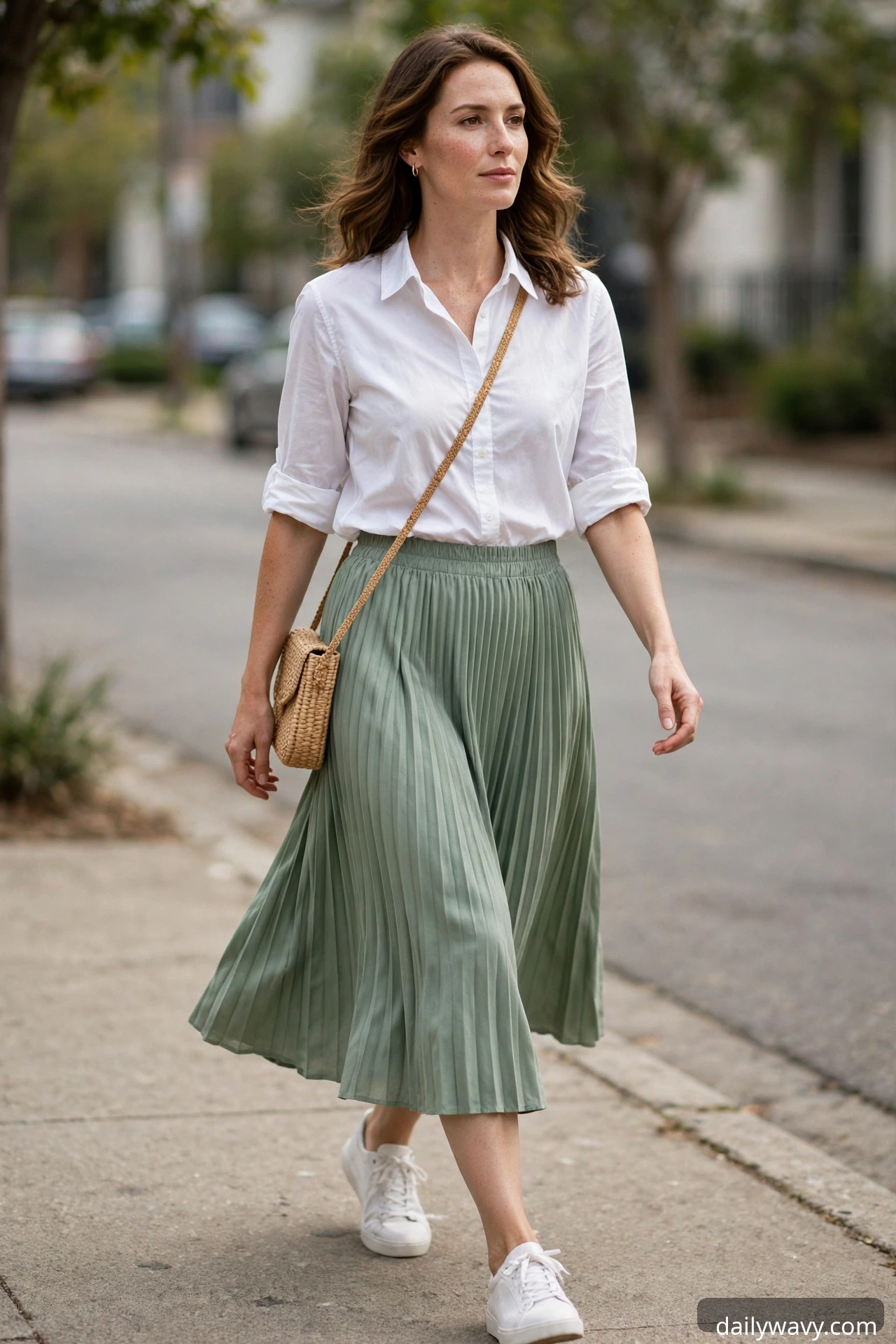 White breathable shirt with a sage pleated midi skirt