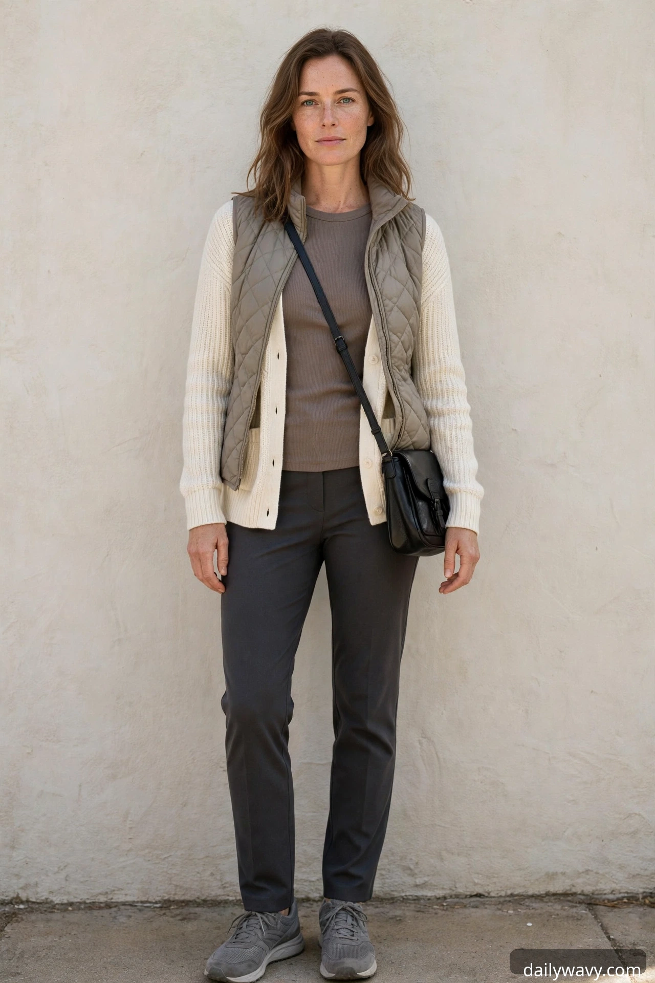 Taupe neutral top with a cream cardigan and quilted packable vest
