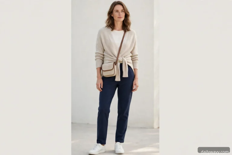 Woman in navy soft trousers, cream breathable top and white sneakers ready for airport travel