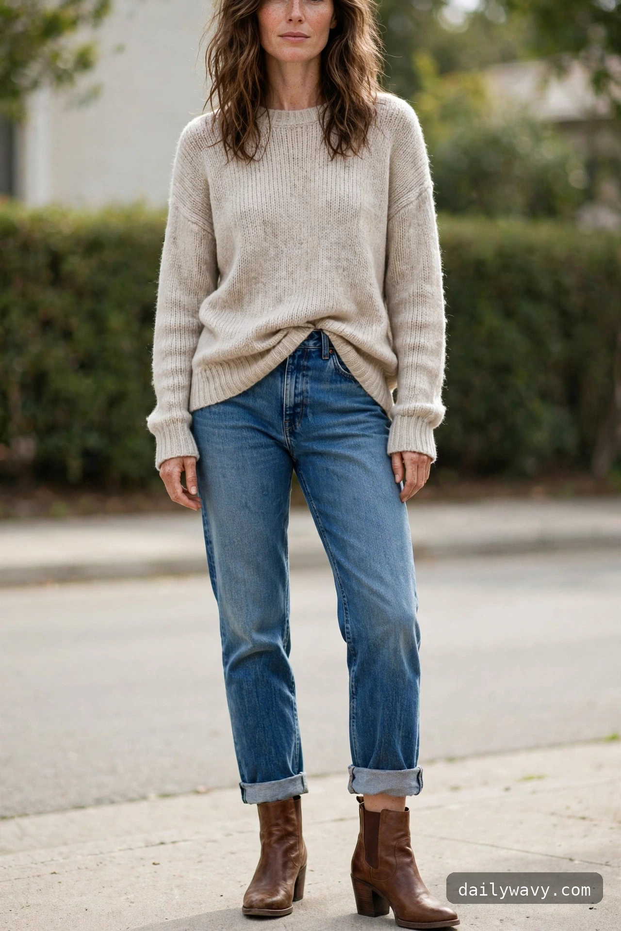 Ankle boot outfit: brown leather boots with straight jeans and a relaxed sweater