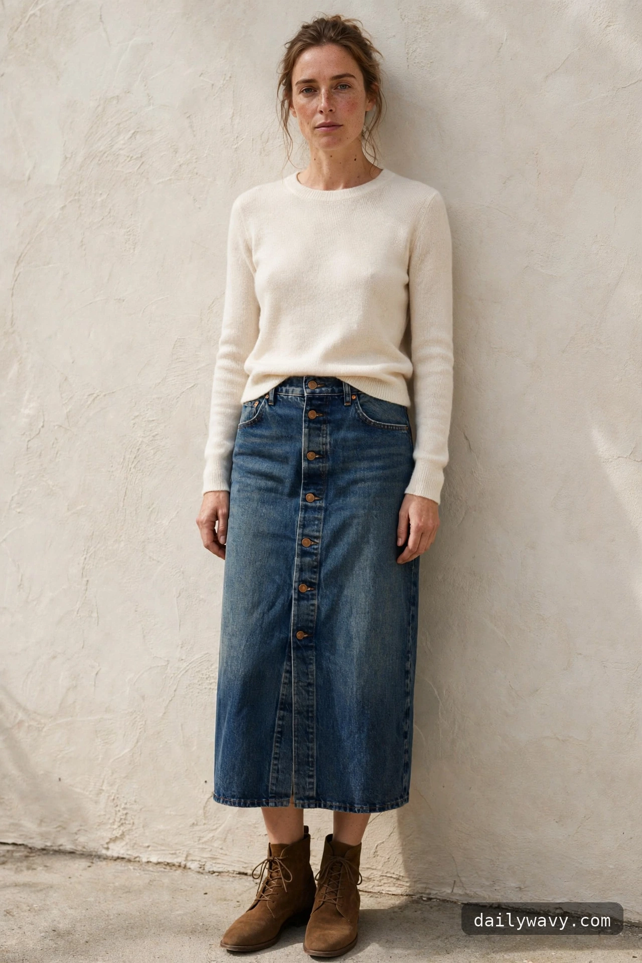 Ankle boot outfit: ankle boots with a denim skirt and fine knit top