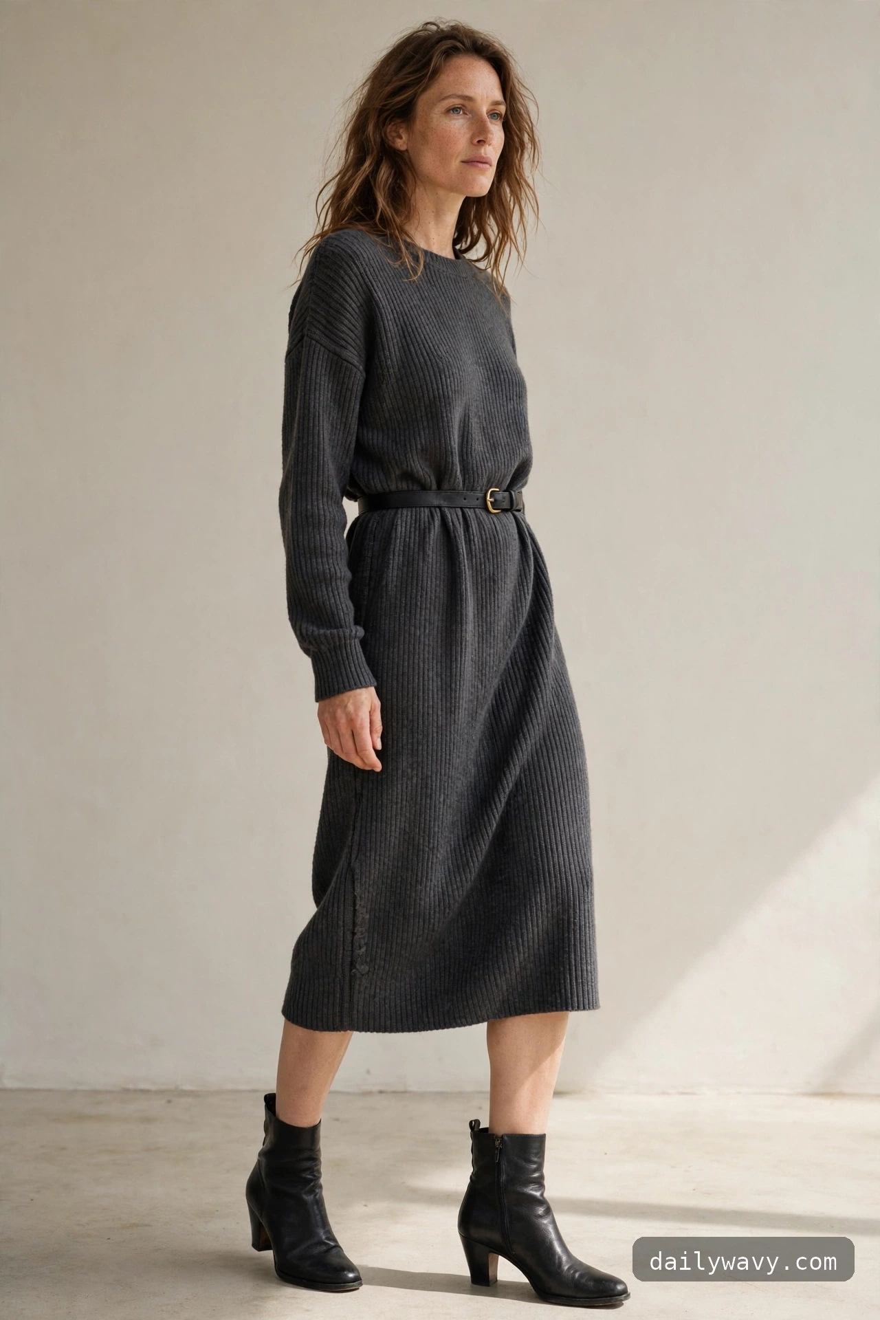 Ankle boot outfit: ankle boots with a belted sweater dress