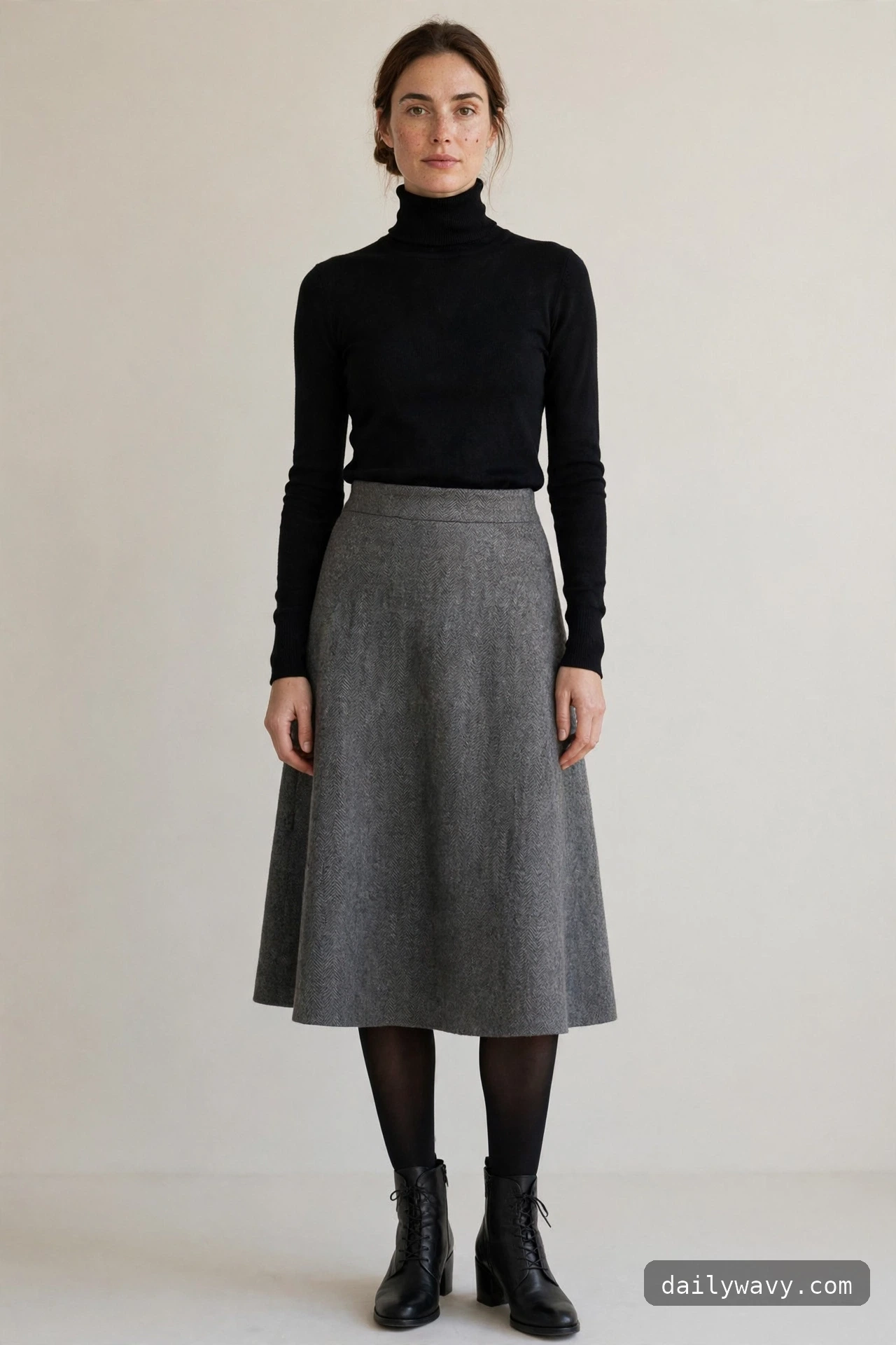 Ankle boot outfit: black lace-up ankle boots with an A-line skirt and turtleneck