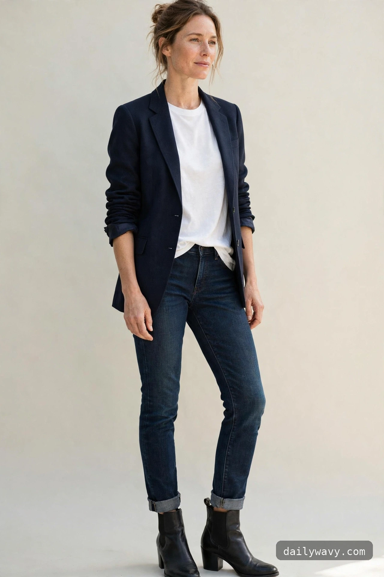 Ankle boot outfit: dark jeans and a blazer with ankle boots