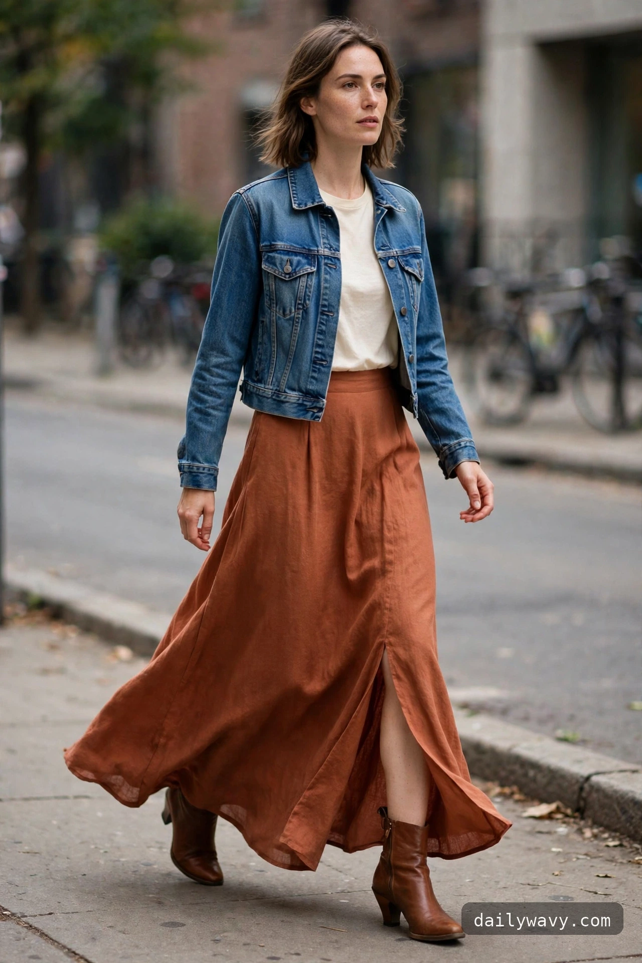 Ankle boot outfit: maxi skirt and cropped jacket with ankle boots