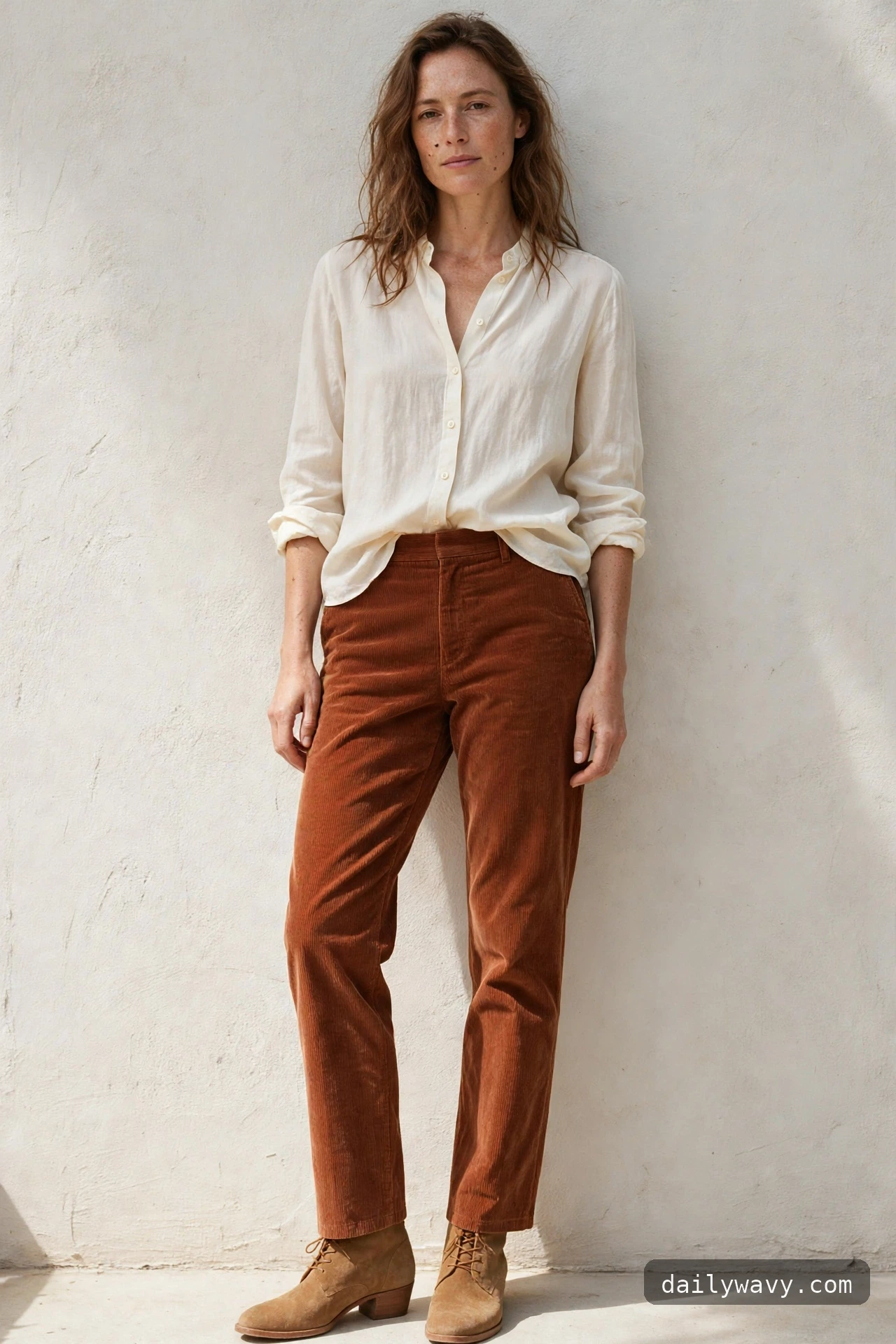 Ankle boot outfit: corduroy trousers and a blouse with ankle boots