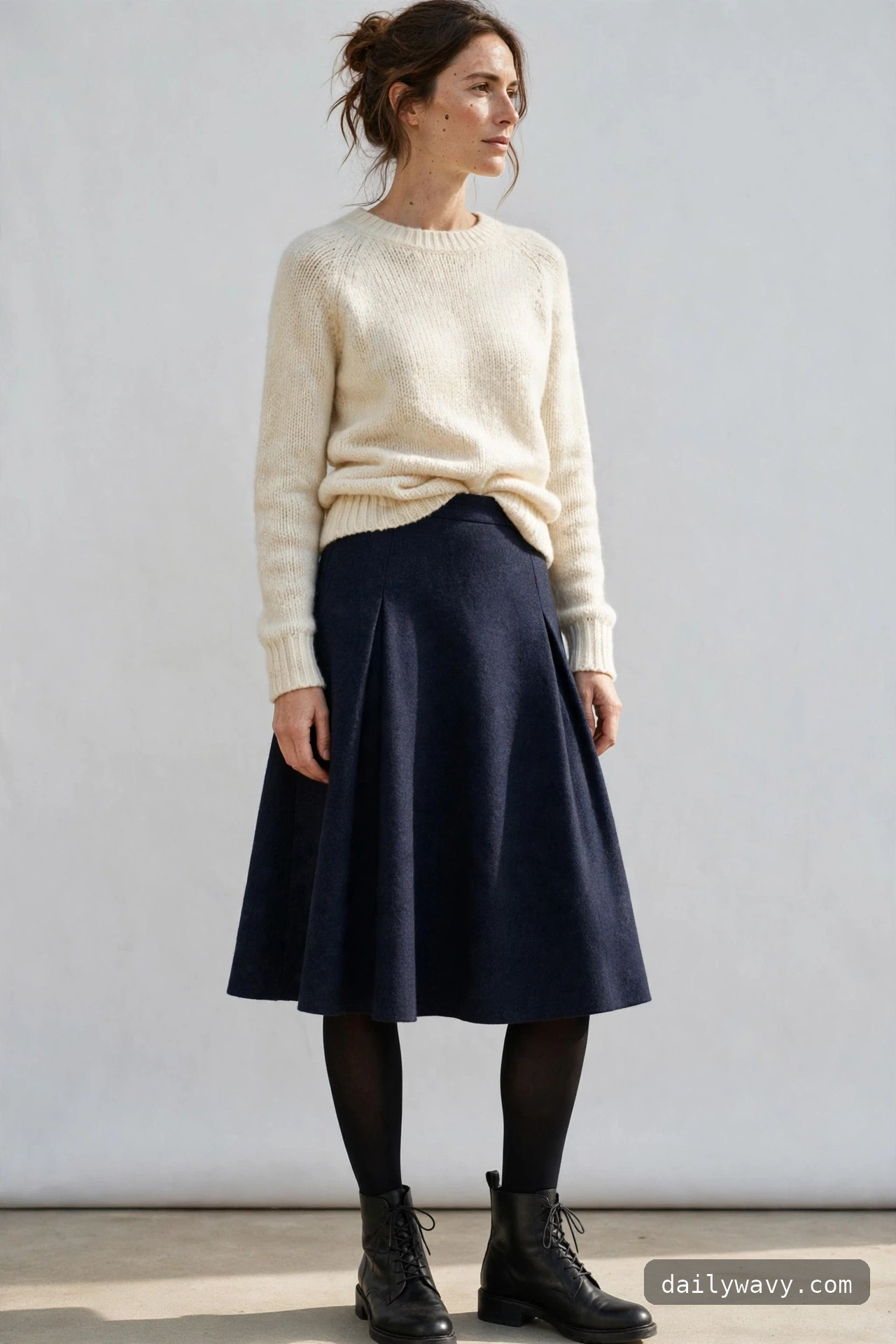 Ankle boot outfit: wool skirt, opaque tights and ankle boots