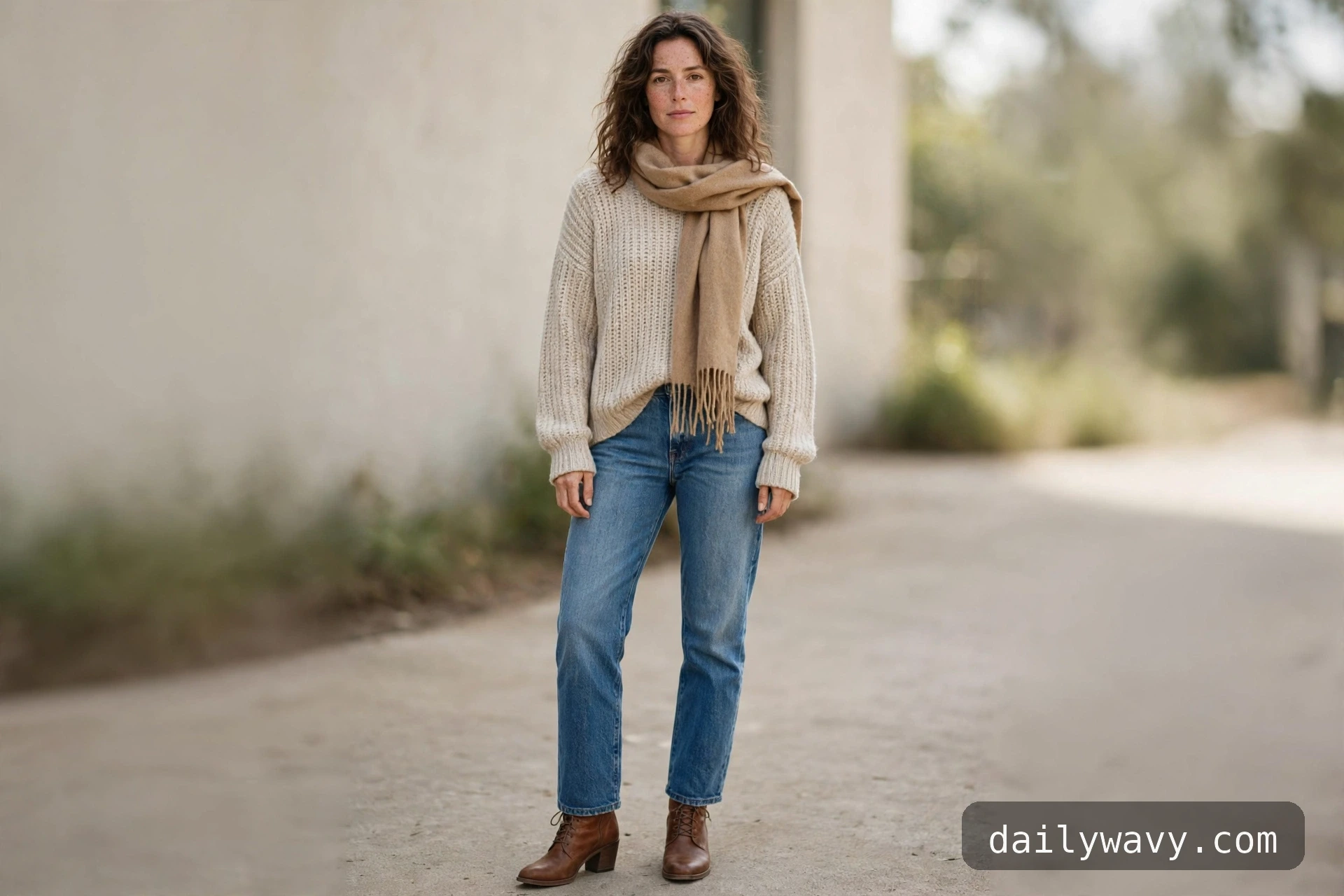 Woman in ankle boots, straight jeans, relaxed sweater and wool scarf, from a 12 ankle boot outfit guide