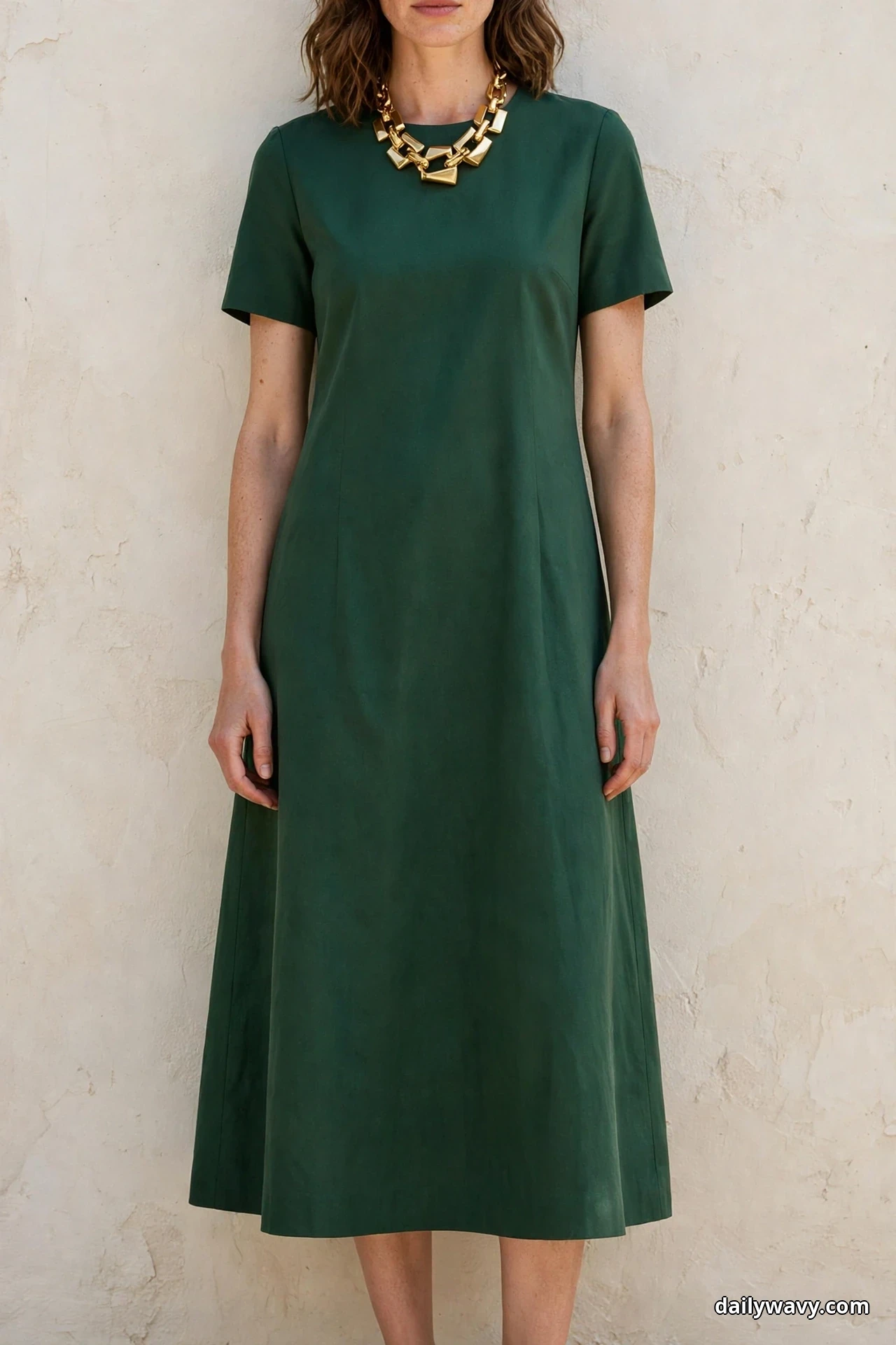 A woman stands against a textured cream wall in a mouth-down frame wearing a forest green short-sleeve midi dress and a chunky gold statement necklace, her legs cut at mid-shin by the bottom edge of the frame