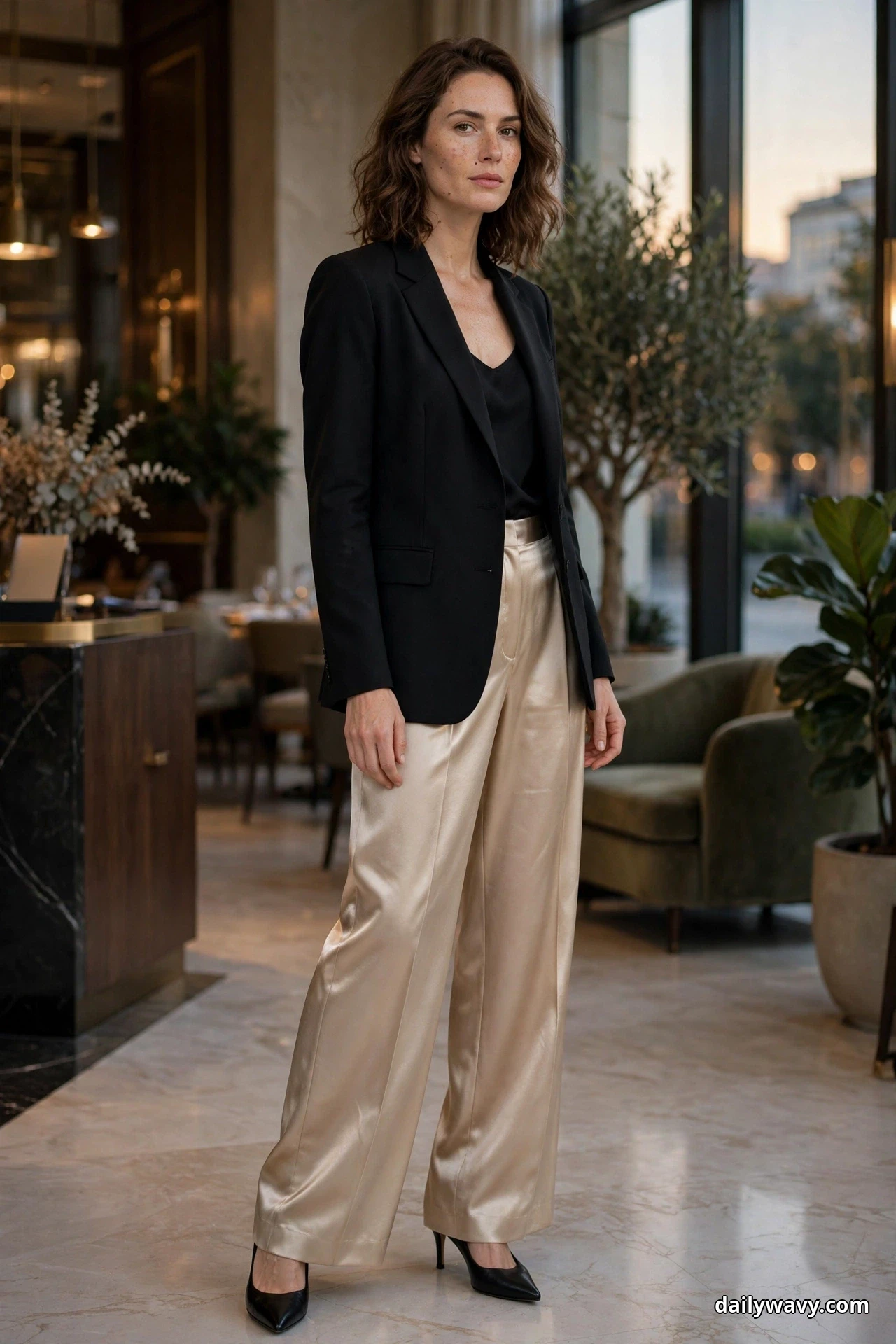A woman stands full length in a hotel restaurant lobby wearing a black tailored blazer over a black shell with champagne satin wide-leg trousers and black pointed pumps