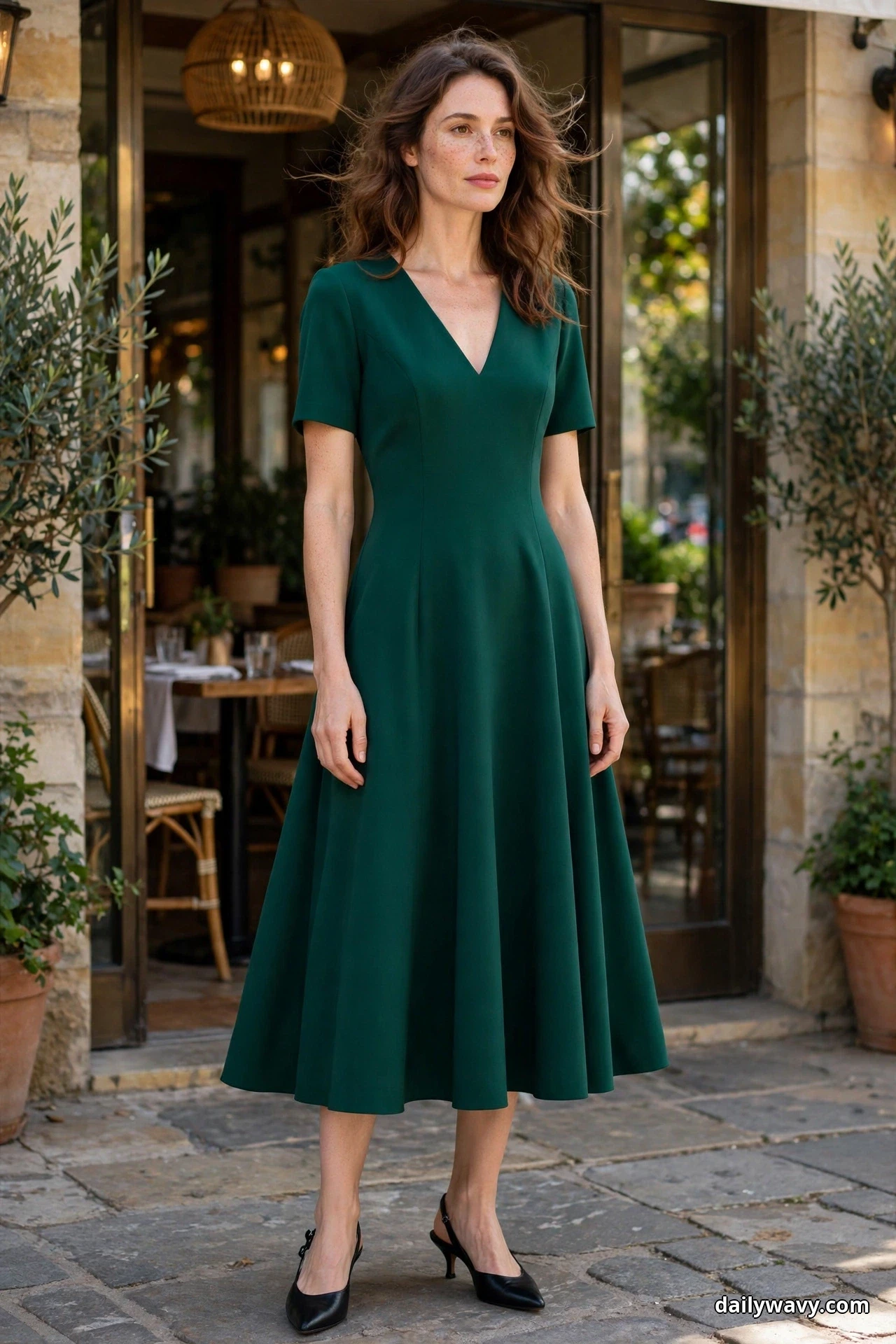 A woman stands full length outside a restaurant entrance wearing an emerald A-line midi dress with a V-neck and short sleeves, with black slingback kitten heels