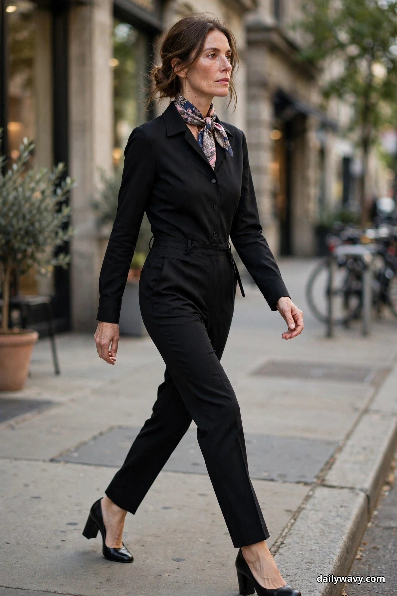 A woman walks along a city sidewalk wearing a black tailored jumpsuit with a printed silk scarf tied at her neck, with black block-heel pumps