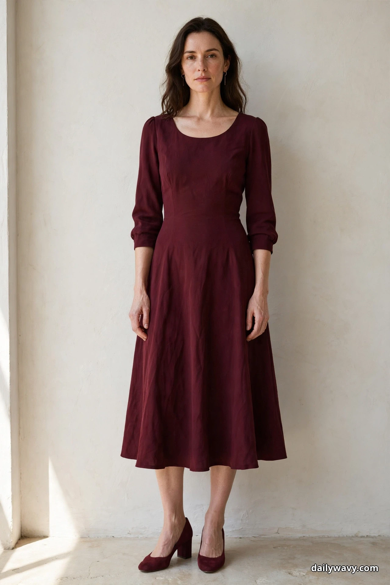 A woman stands full length against a plain wall wearing a burgundy scoop-neck midi dress with three-quarter sleeves and matching burgundy low block-heel pumps