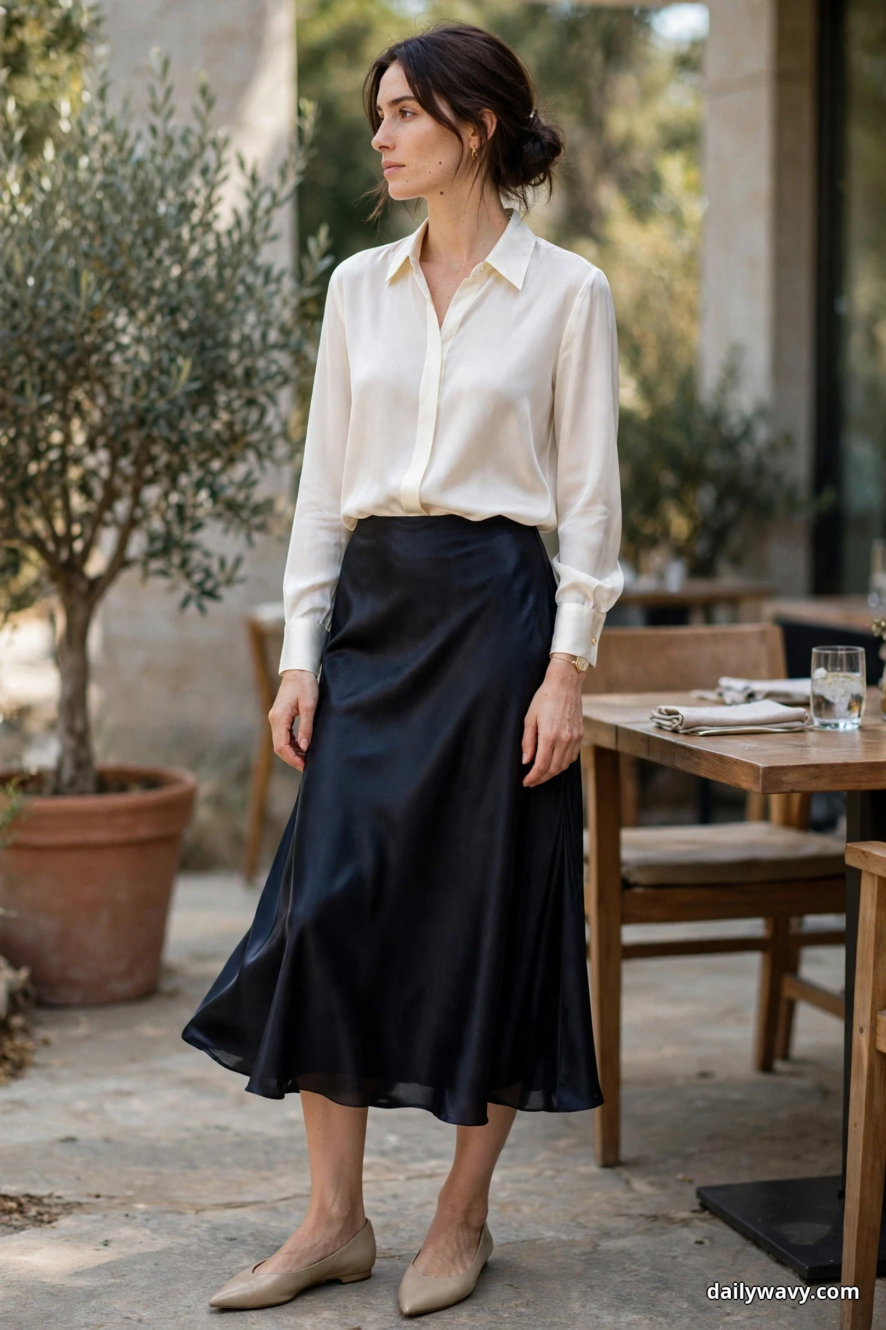 A woman stands full length on an outdoor restaurant terrace wearing an ivory silk-look blouse tucked into a black satin midi skirt, with nude pointed flats