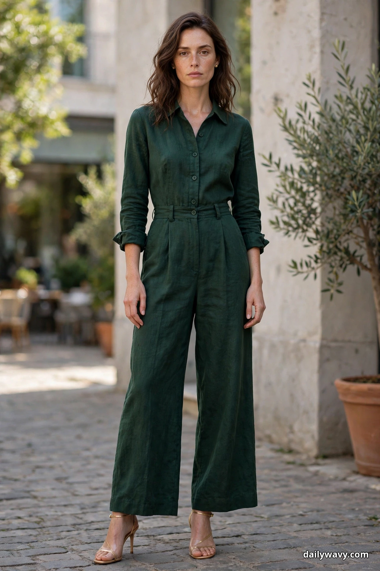 A woman stands full length on a cobbled street wearing a dark green tailored wide-leg jumpsuit with a collar and small gold stud earrings, with gold strappy heeled sandals