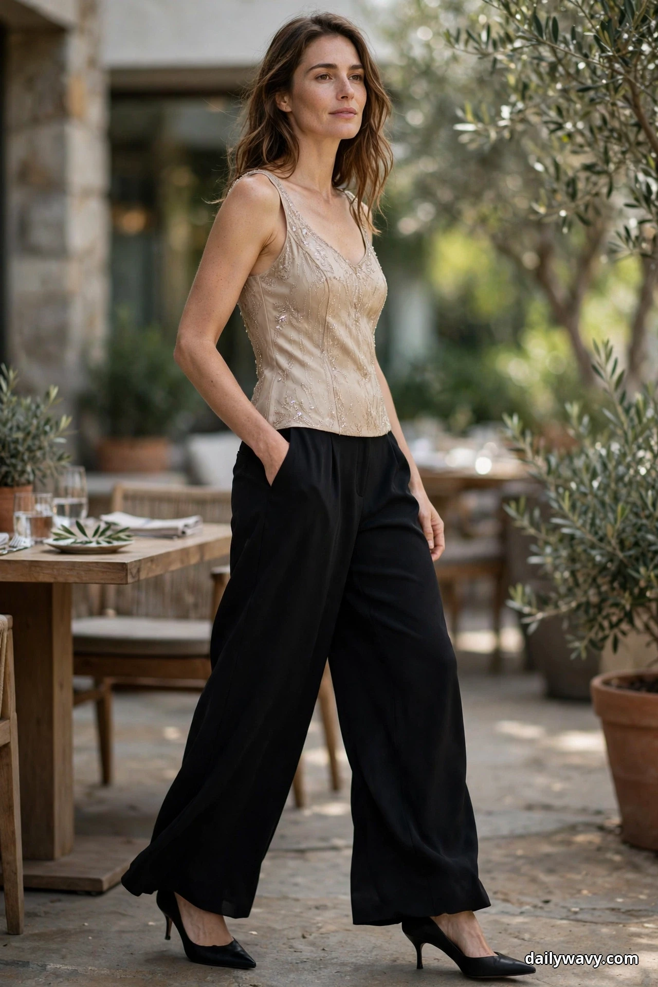 A woman stands in a slight turn on an outdoor terrace wearing wide black trousers with a sleeveless champagne beaded dressy top, with black pointed pumps