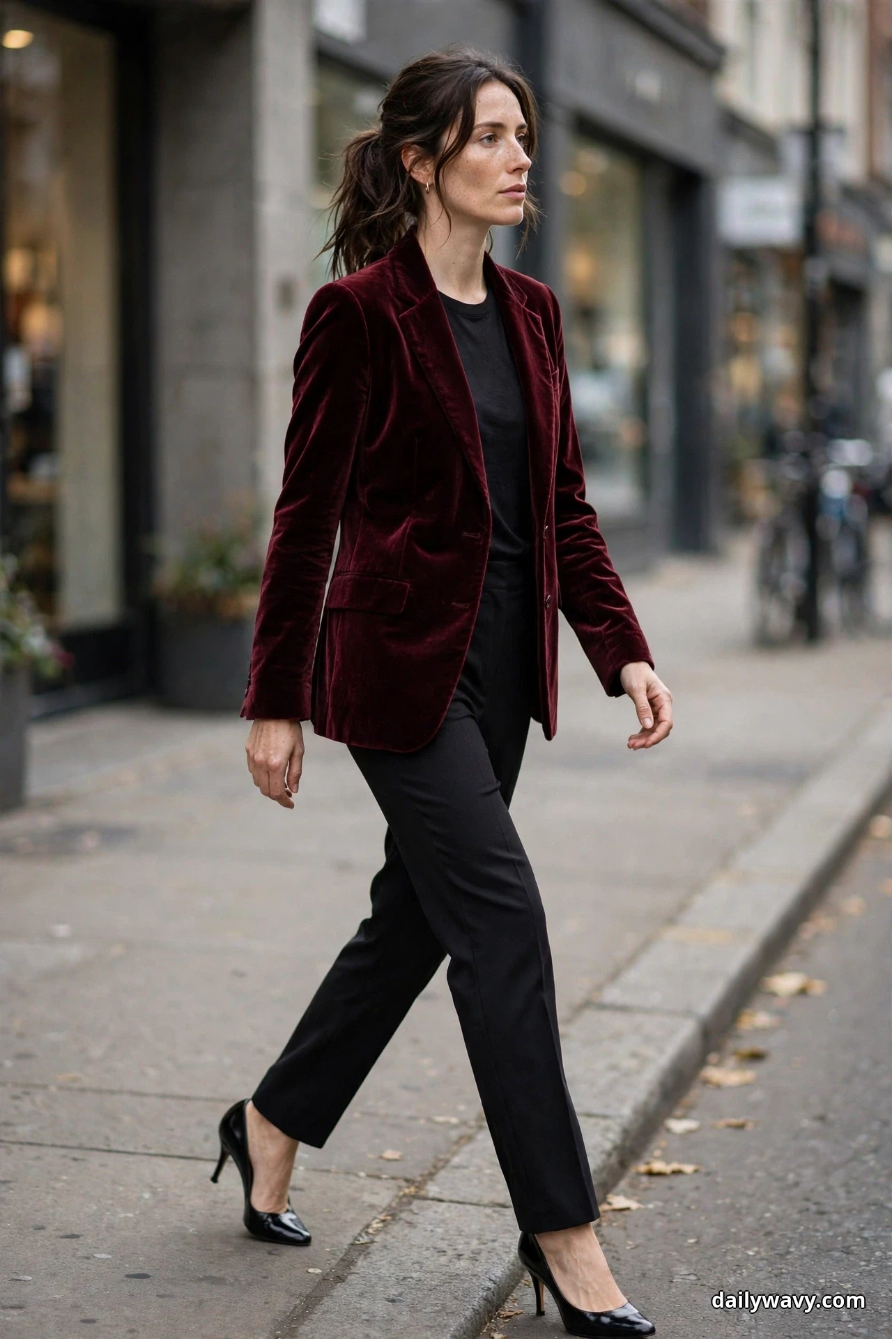 A woman walks along a city sidewalk wearing a burgundy velvet blazer over a black top with black straight trousers and black patent pumps