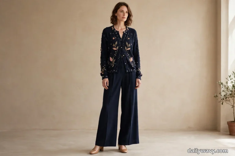 A woman stands full length against a plain beige wall wearing a black floral-embroidered embellished cardigan over dark navy wide-leg crepe trousers, with nude low block heels