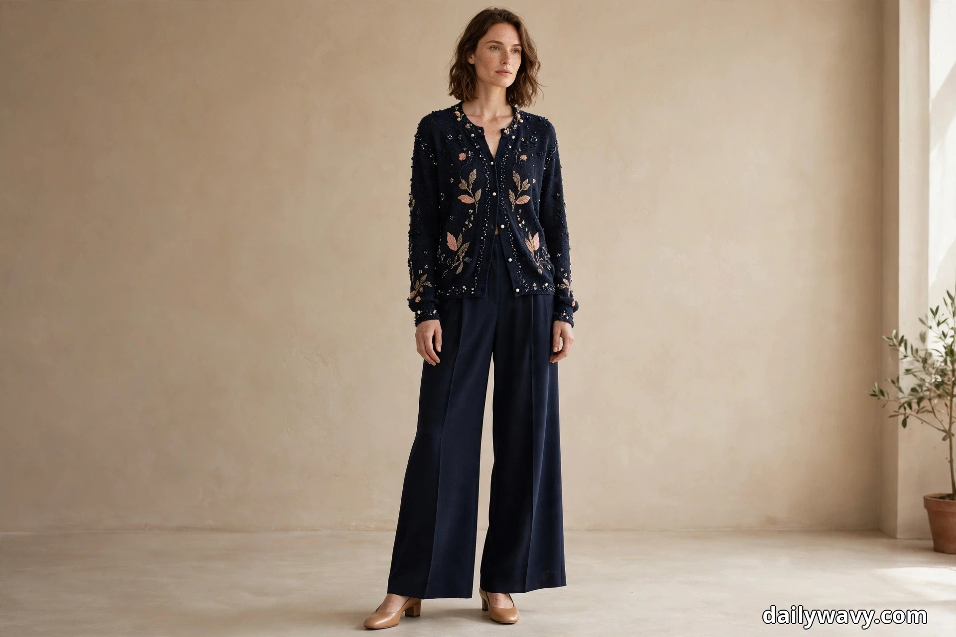A woman stands full length against a plain beige wall wearing a black floral-embroidered embellished cardigan over dark navy wide-leg crepe trousers, with nude low block heels