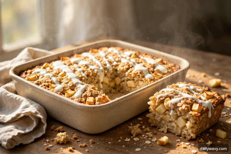Apple baked oatmeal with a yogurt drizzle in a 9 by 9 inch baking dish