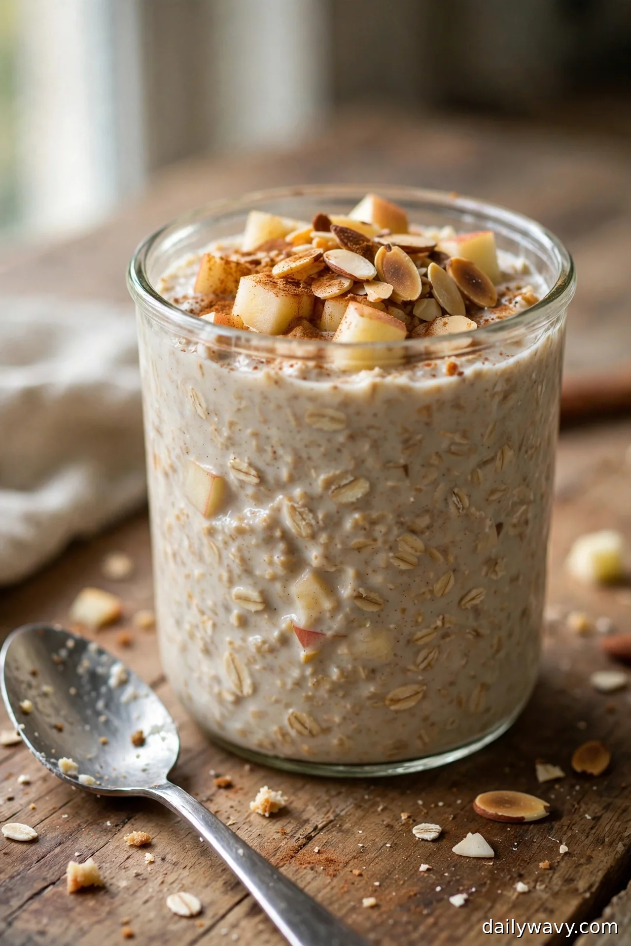 Apple cinnamon overnight oats with toasted almonds and diced apple in a jar, dusted with cinnamon