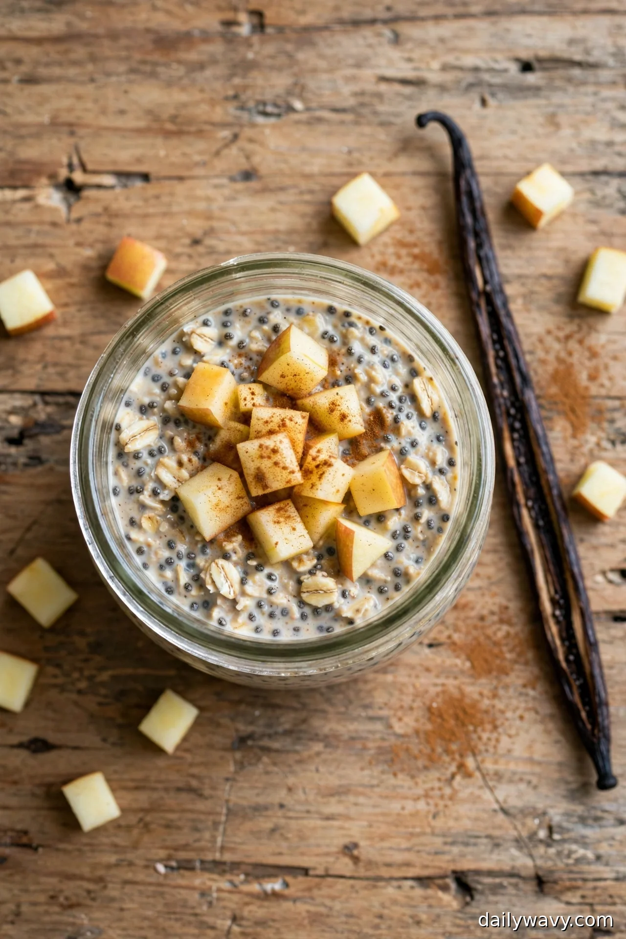 Overhead view of apple cinnamon overnight oats with chia seeds, apple cubes and a vanilla bean