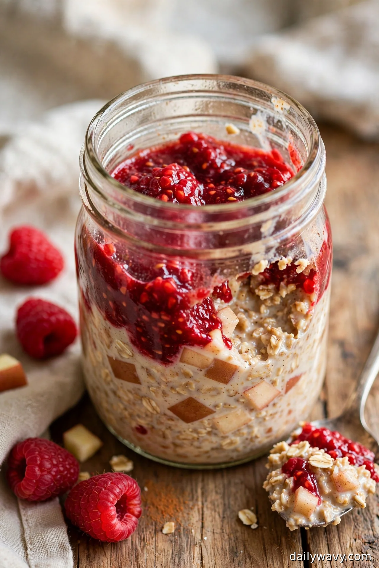 Apple cinnamon overnight oats with raspberry compote, a spoonful removed to show the creamy interior