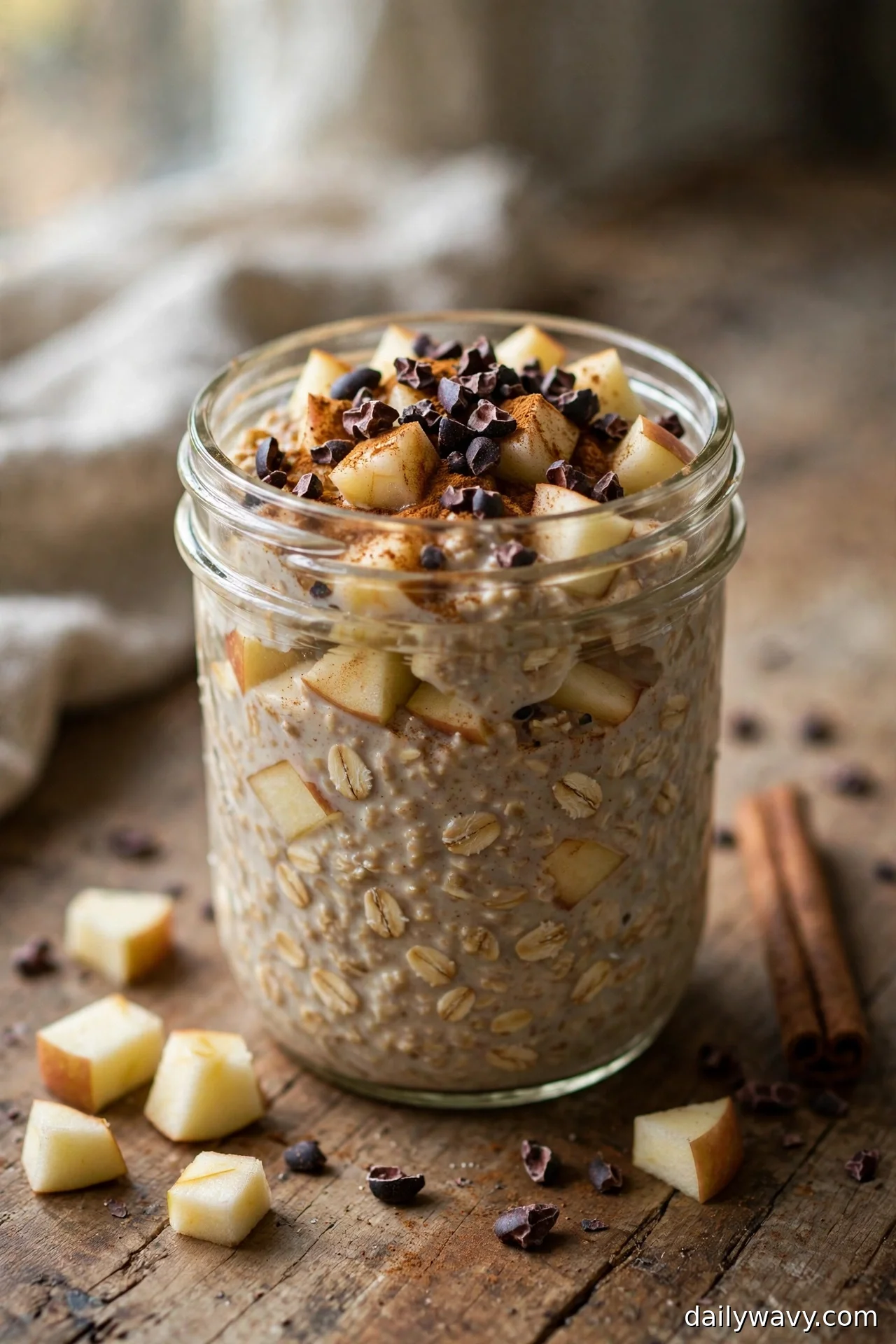 Apple cinnamon overnight oats with cacao nibs and apple cubes, cinnamon sticks beside the jar