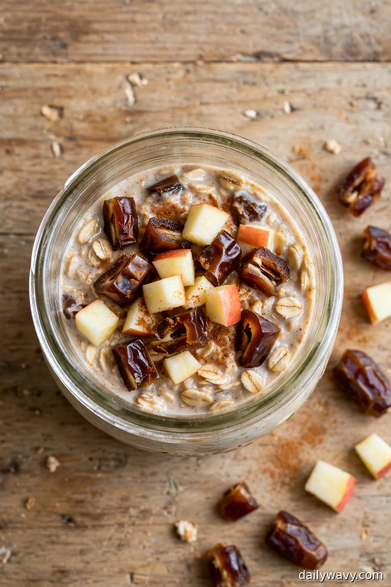 Overhead view of apple cinnamon overnight oats with chopped dates and apple cubes