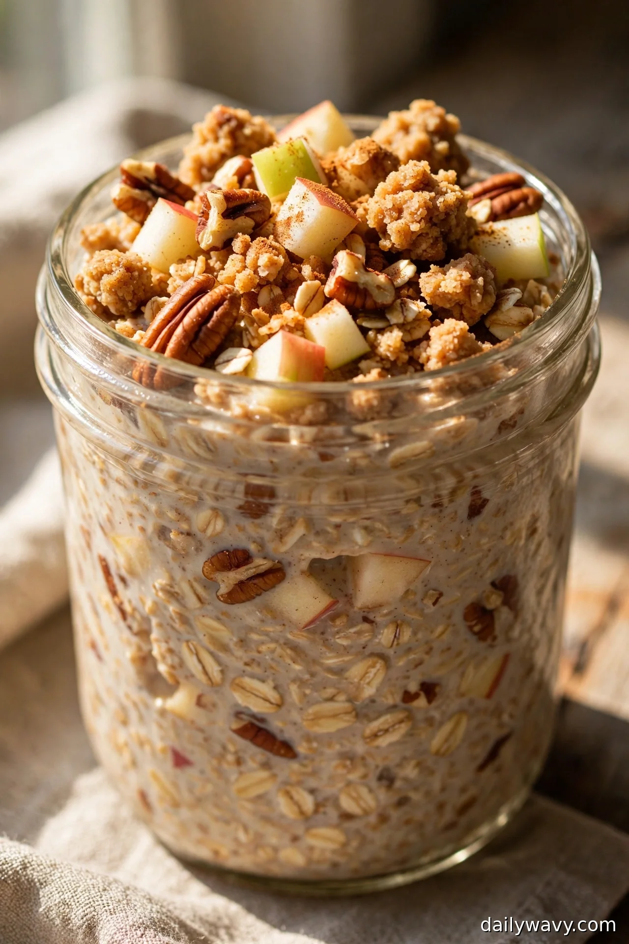 Apple cinnamon overnight oats with pecan crumble and apple chunks