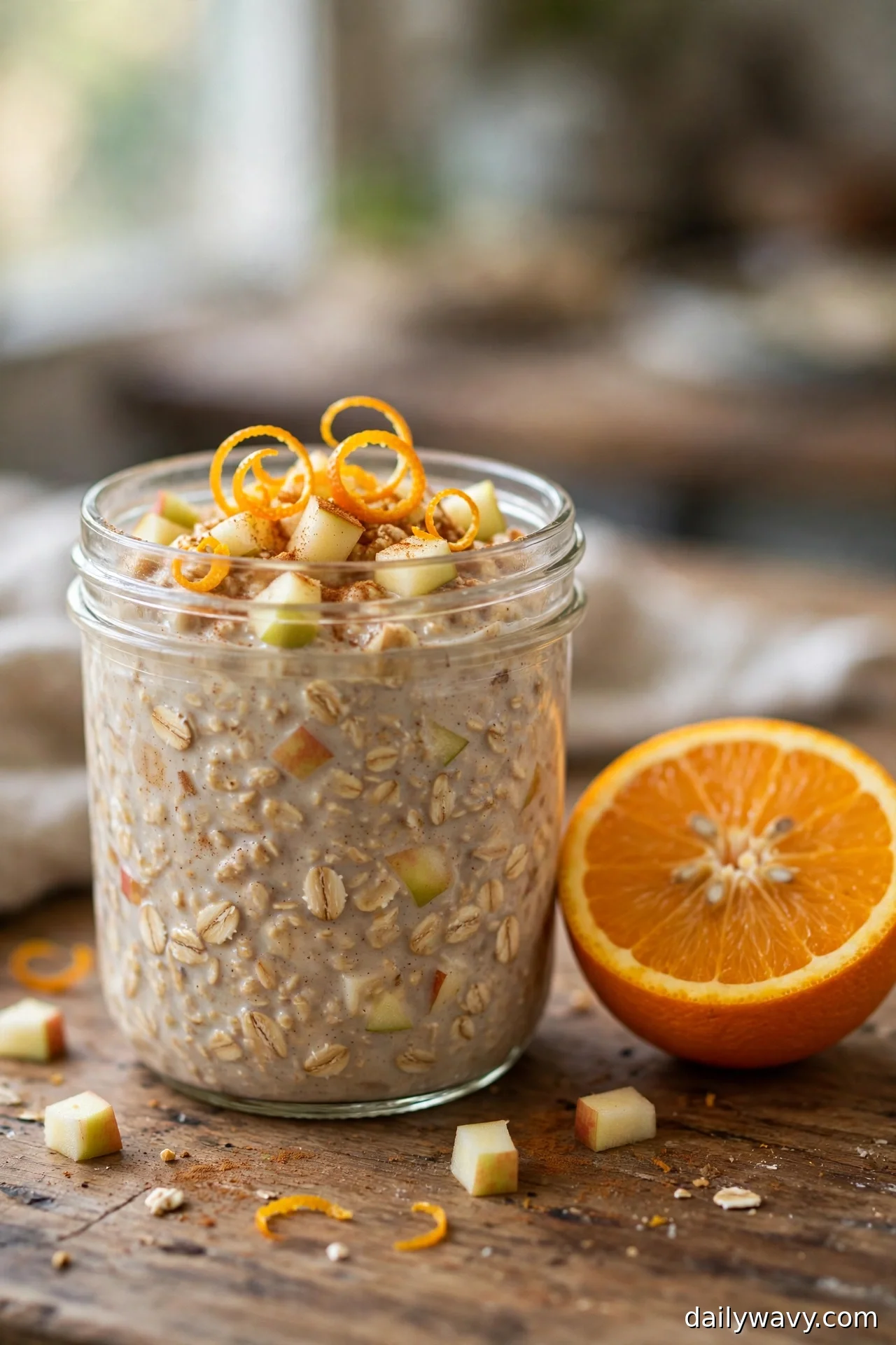 Apple cinnamon overnight oats with orange zest curls and apple cubes, half an orange beside the jar