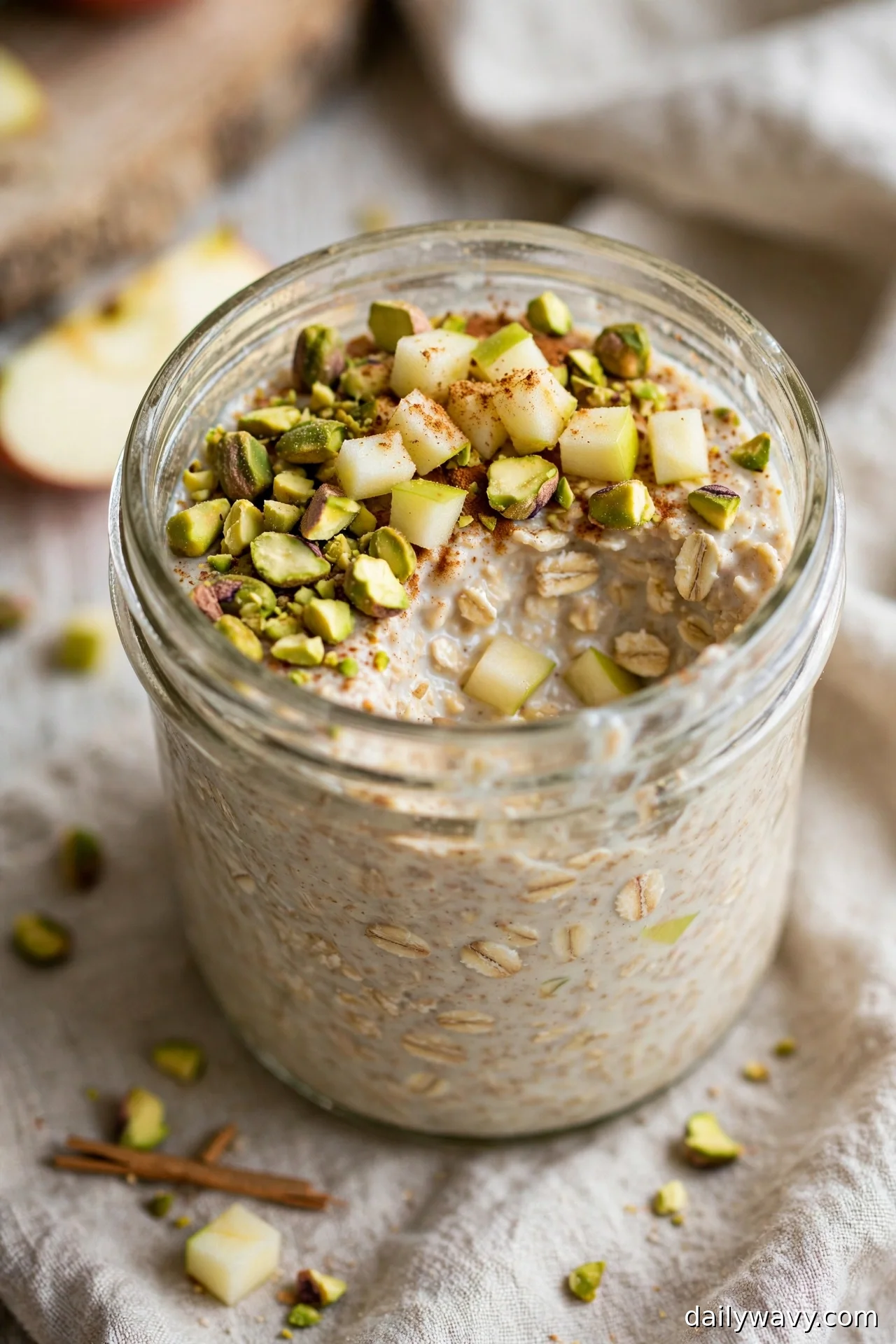 Apple cinnamon overnight oats with chopped pistachios and apple, a spoonful removed