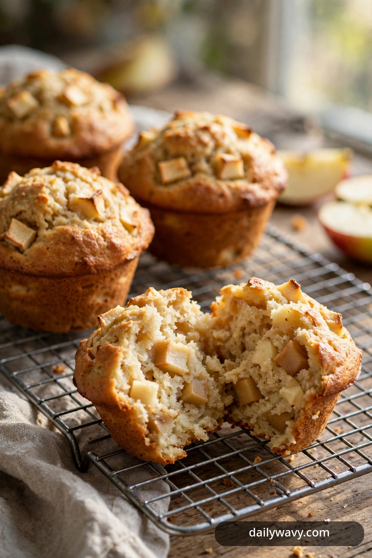 Yogurt-batter apple muffins studded with apple chunks rest on a cooling rack, one split open to reveal the moist, tender crumb.