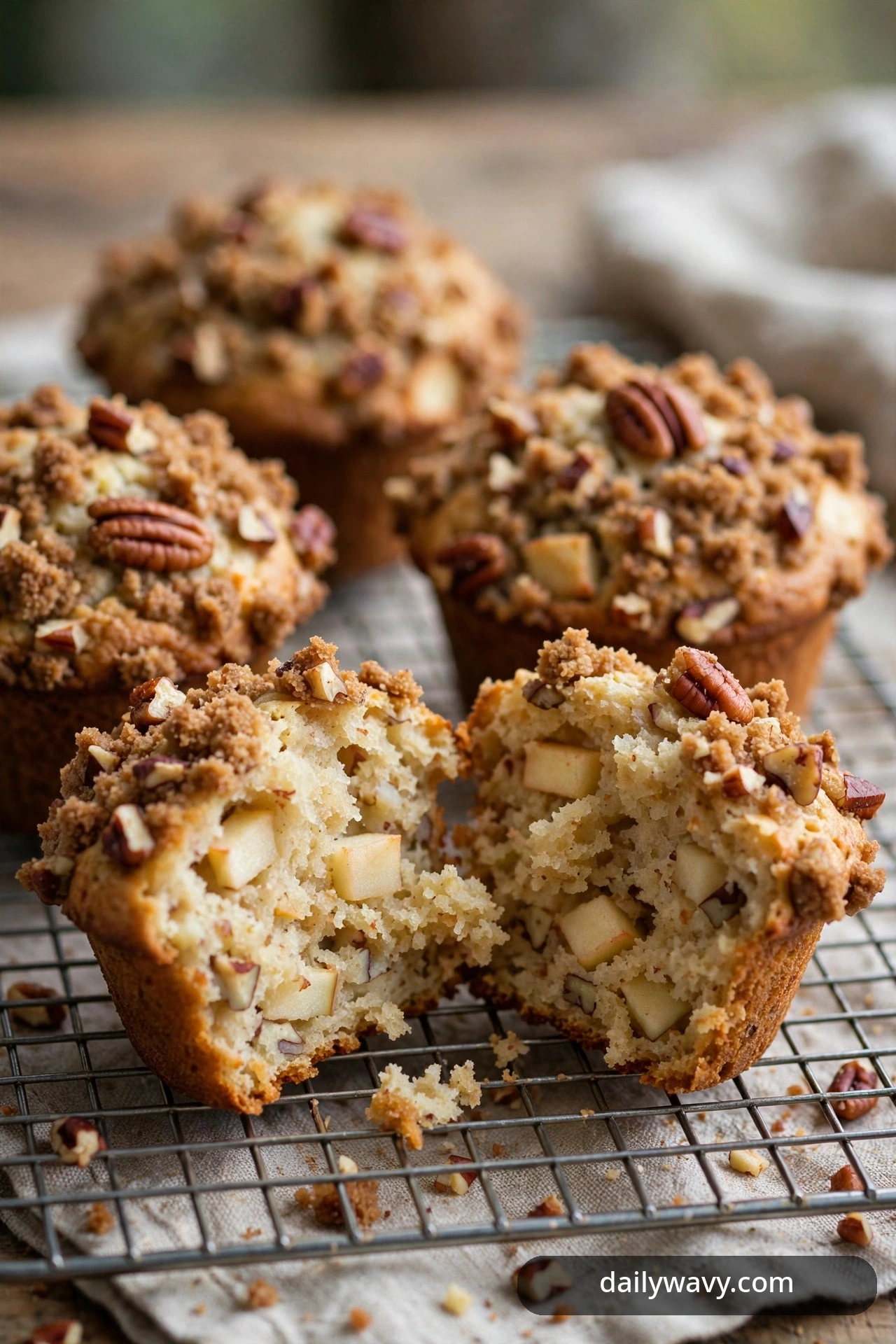 Apple muffins with pecan crumb topping and whole pecans sit on a cooling rack beside a split muffin showing the apple chunks inside.