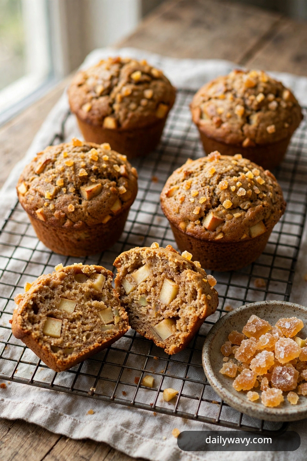 Ginger-spiced apple muffins topped with candied ginger pieces rest on a cooling rack next to a small bowl of crystallized ginger, one split open to show the apple chunks.