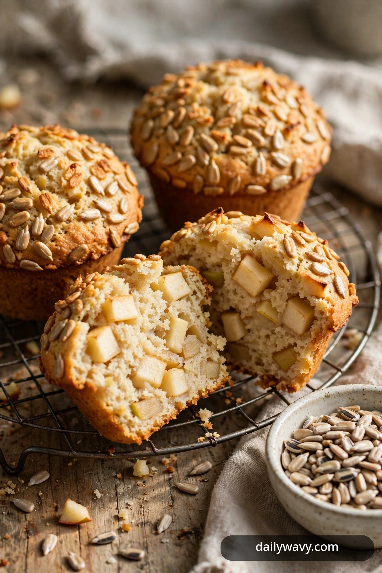 Sunflower-seed apple muffins rest on a cooling rack beside a bowl of sunflower seeds, one split open to show the apple chunks inside.