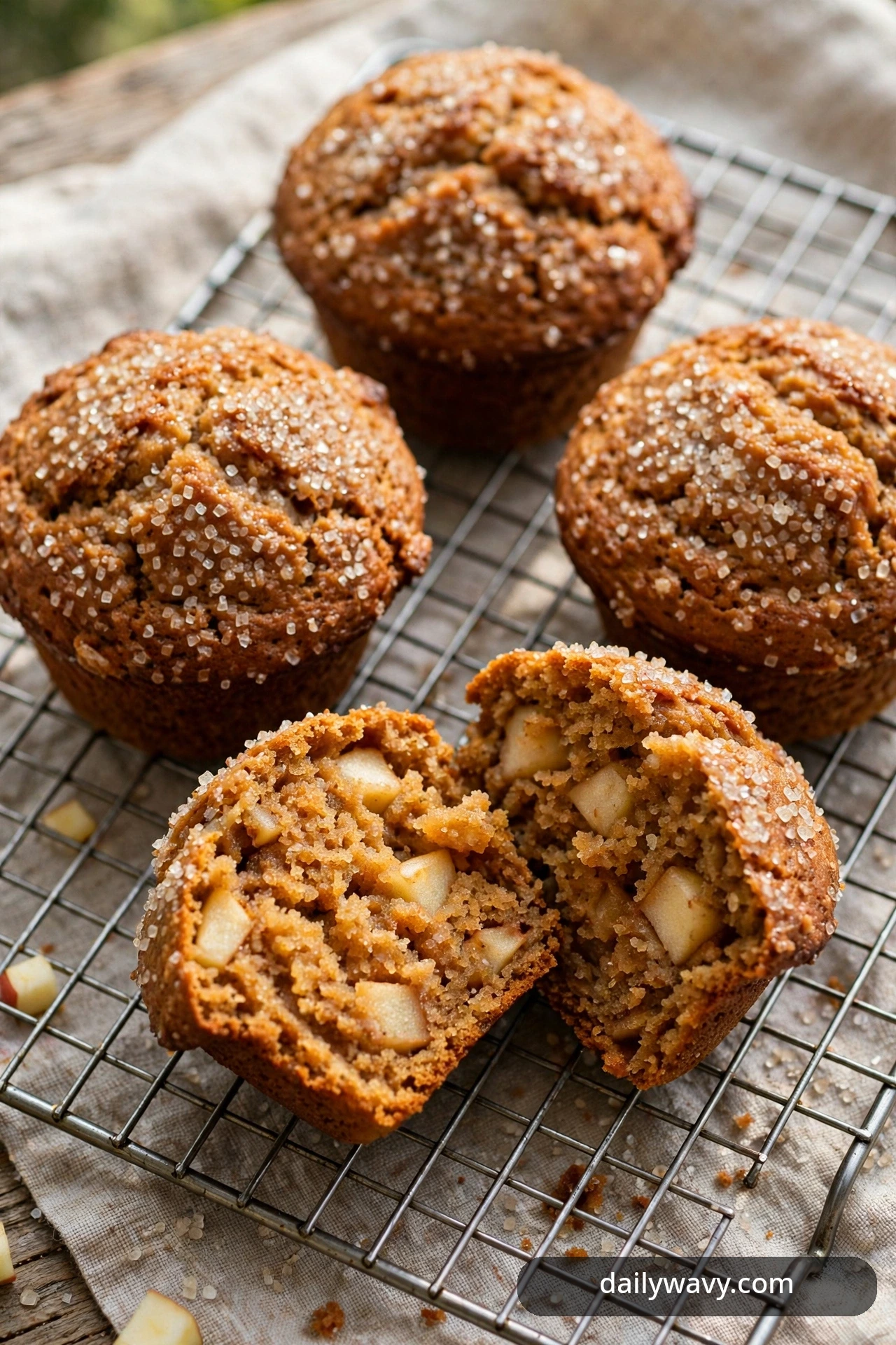 Browned-butter apple muffins with sparkling sugar crystals cool on a wire rack, one split open to show the tender apple-studded crumb.