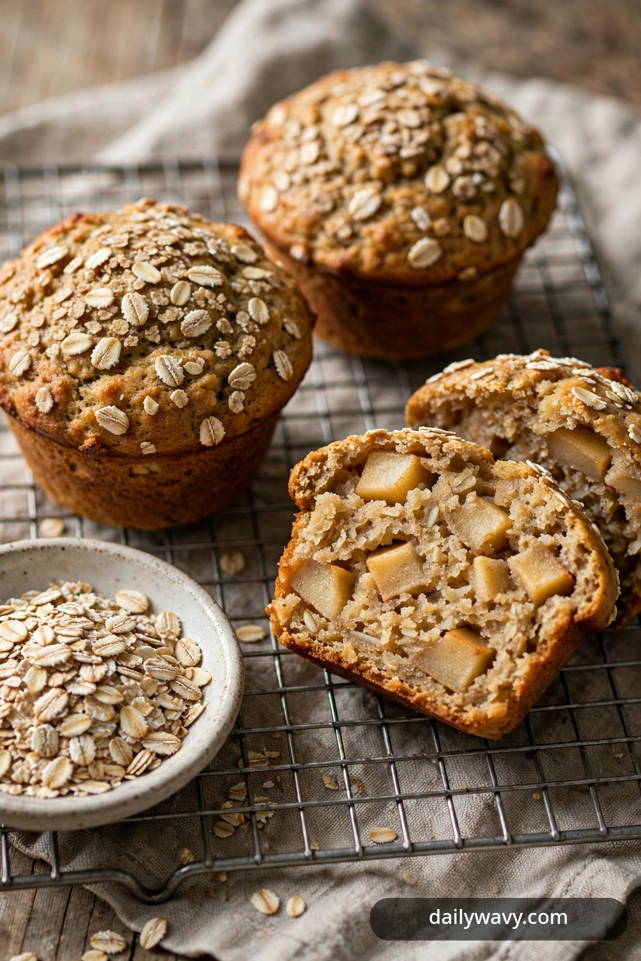 Oat-topped apple muffins rest on a cooling rack beside a bowl of rolled oats, one split open to reveal the hearty oat crumb with apple chunks.