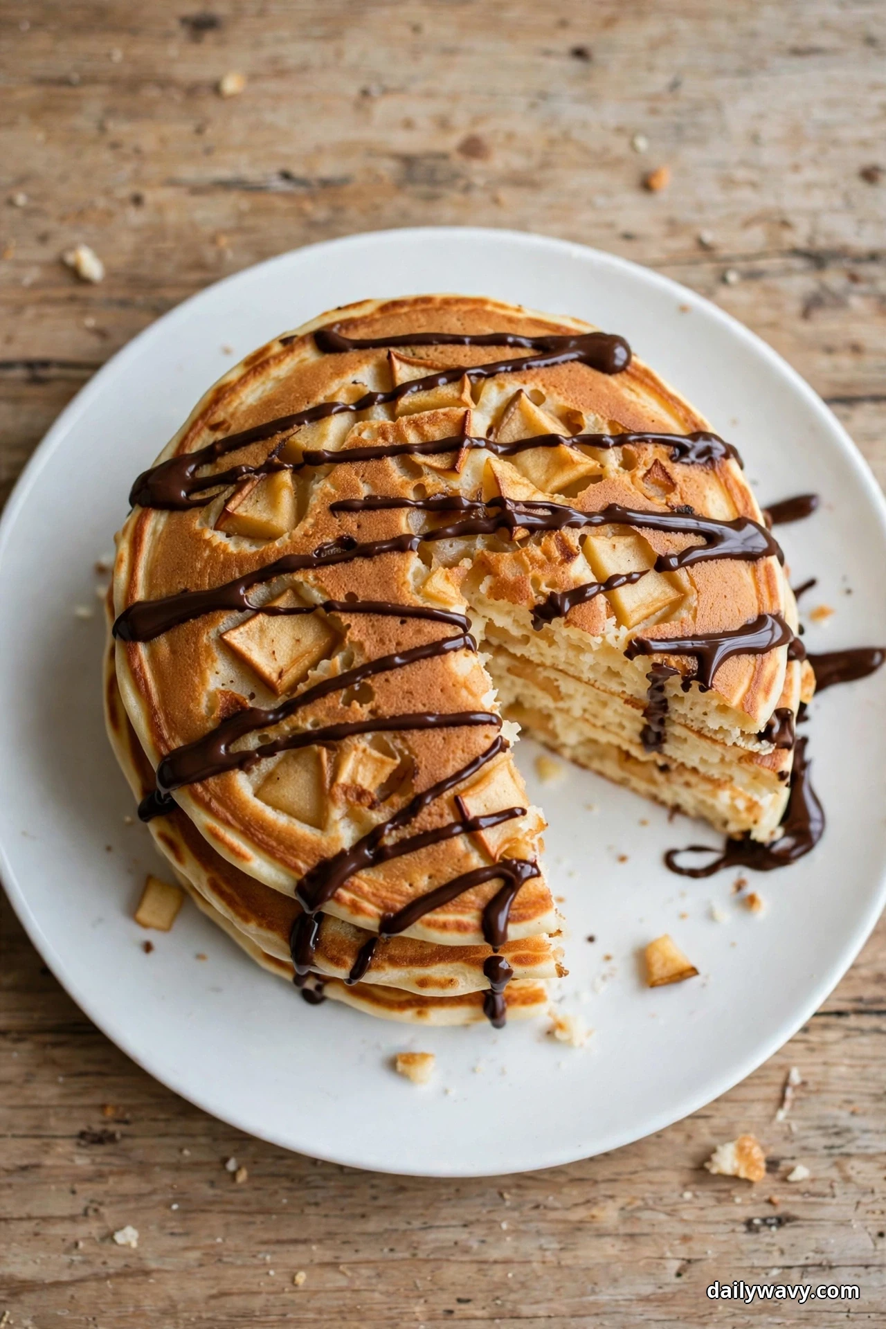 Seen from above, a stack of golden apple pancakes with apple pieces showing on top is drizzled with dark chocolate in a zigzag pattern, one wedge cut out showing the layered interior, on a white plate