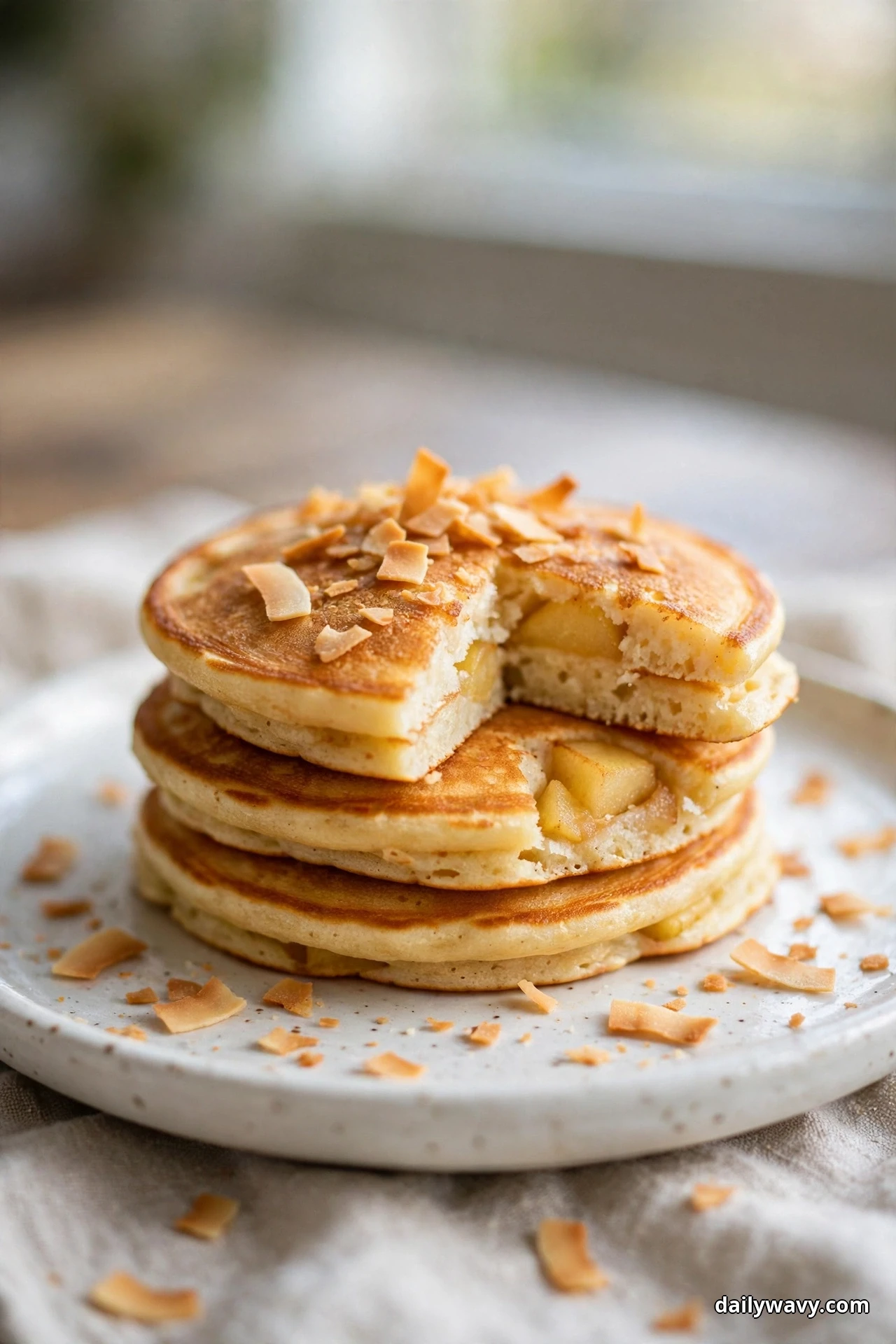 A stack of golden apple pancakes topped with golden toasted coconut flakes sits on a speckled white plate by a window, one wedge cut open showing the apple chunks inside